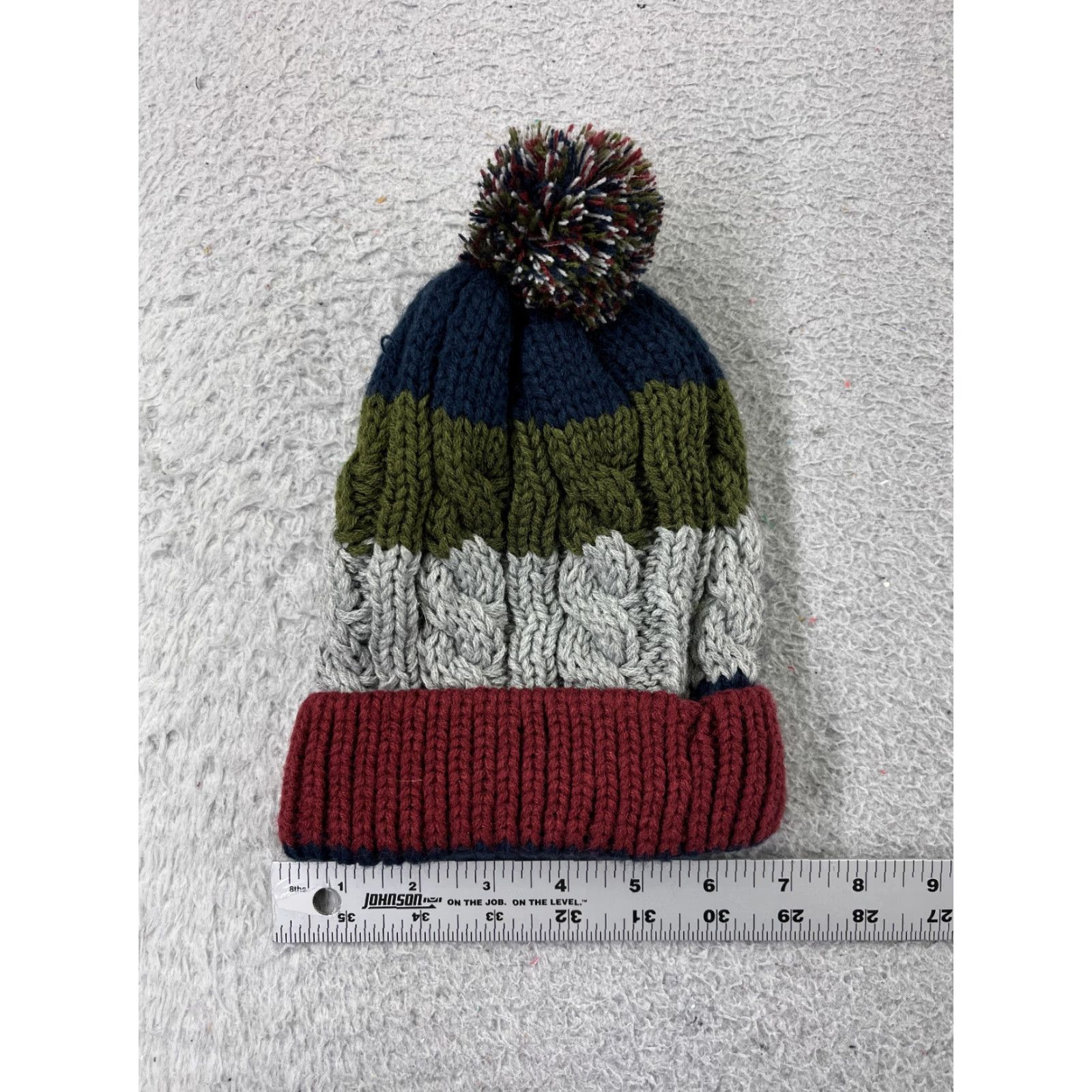 Vintage Solaris Beanie Adult One Size Gray Stripe Twisted Cable Knit Acrylic Ski Pom Beanie Women Holiday Accessories Size ONE SIZE - 4 Thumbnail