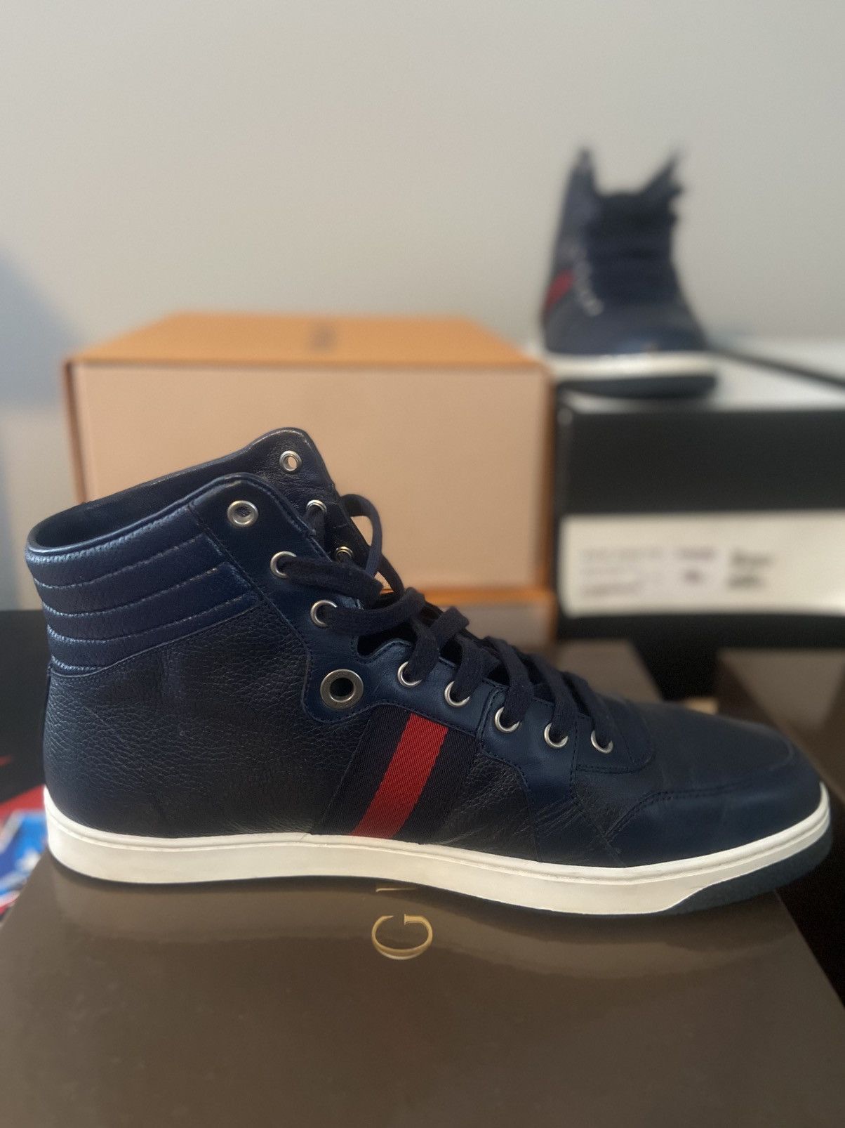 Gucci Gucci Navy Leather High-Top Sneakers (Red Web Stripe) Size US 11 / EU 44 - 6 Thumbnail