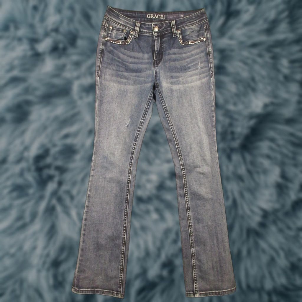 Grace in LA Grace in LA Jeans Women's 30x33 Bootcut Denim Blue Embellished 5-Pocket Regular Fit Zip Fly Vintage? No Size 30" / US 8 / IT 44 - 1 Thumbnail