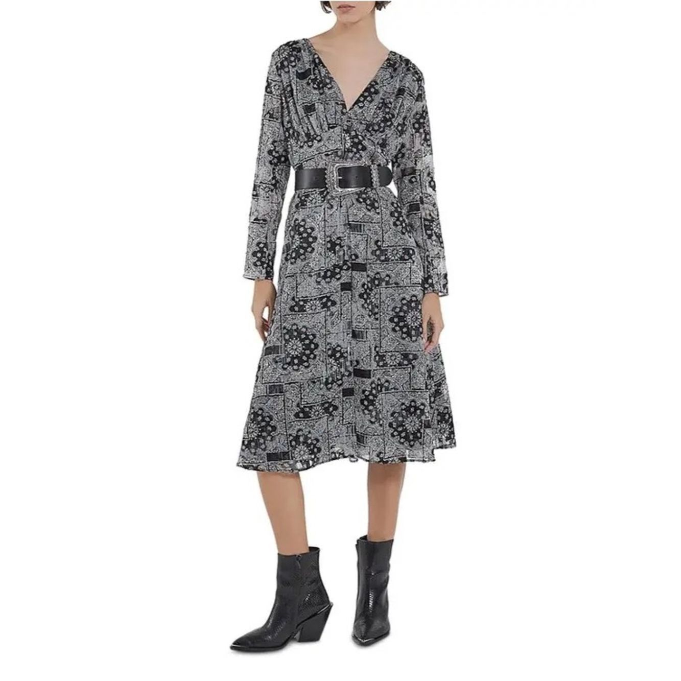 The Kooples NWT The Kooples Bandana Print V-Neck Midi Dress Black & Whi Size S / US 4 / IT 40 - 1 Thumbnail