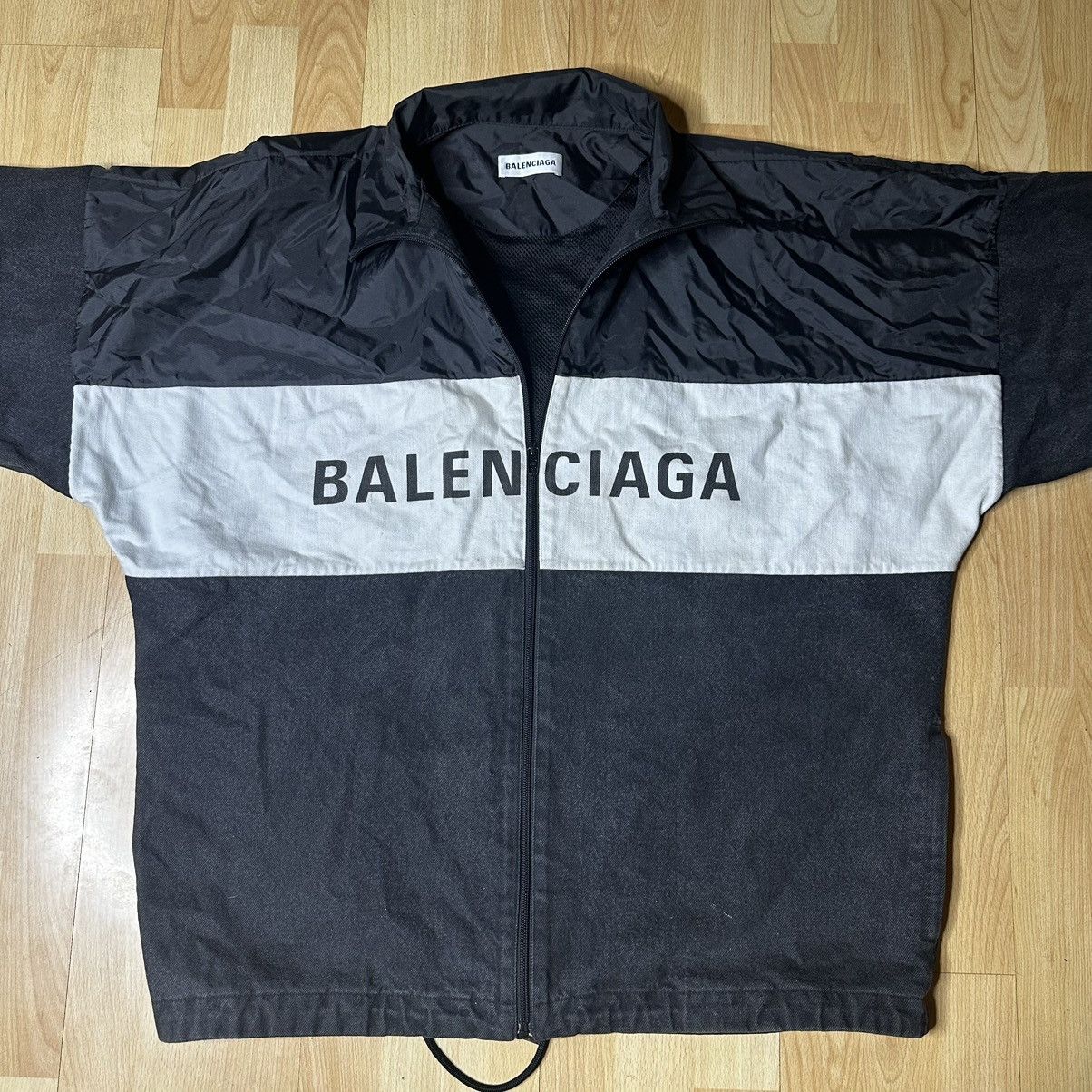 image of Balenciaga Zipped Nylon Logo Denim Jacket in Black, Men's (Size XL)