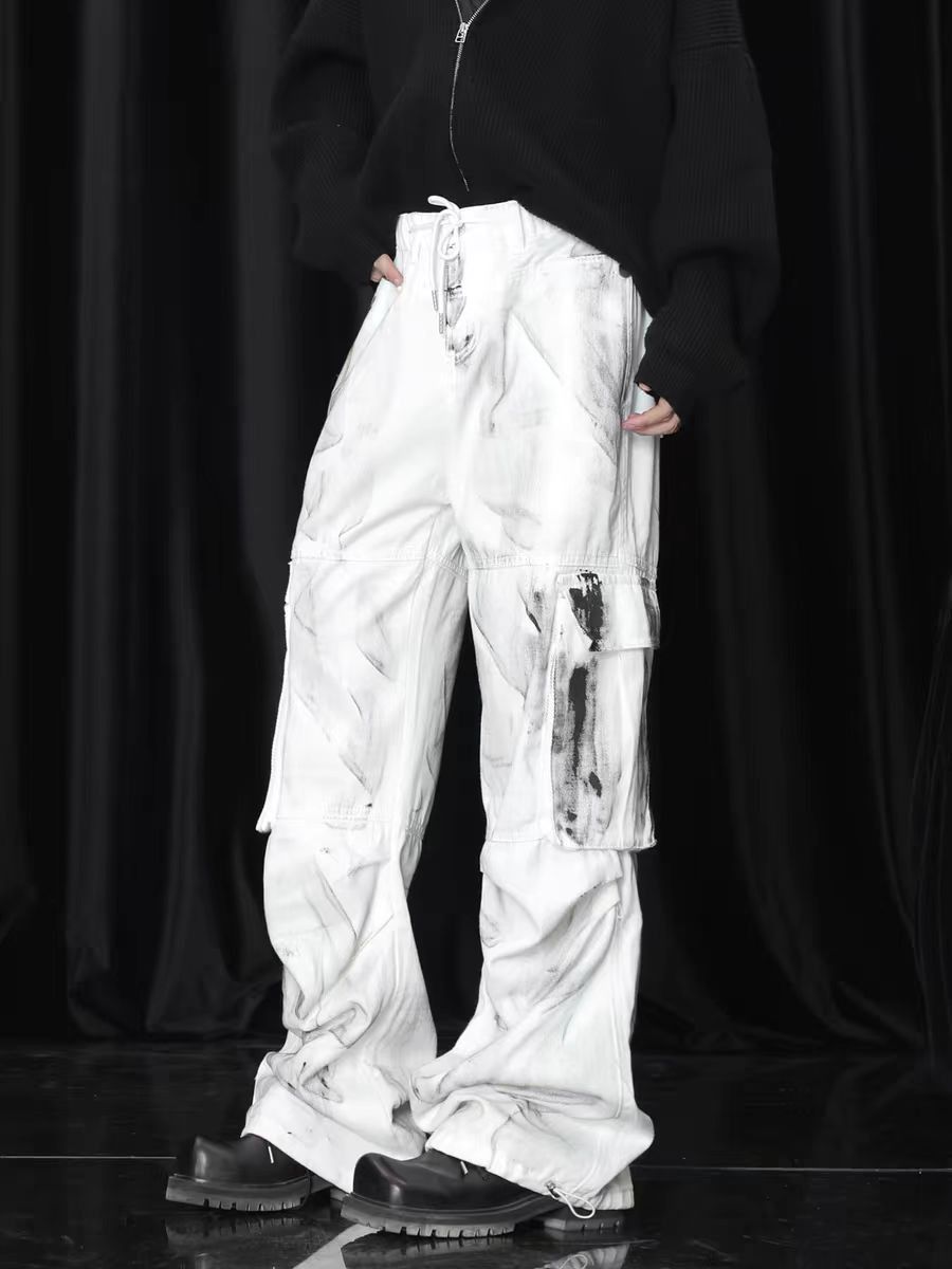 High street white splash tie-dye design baggy work jeans