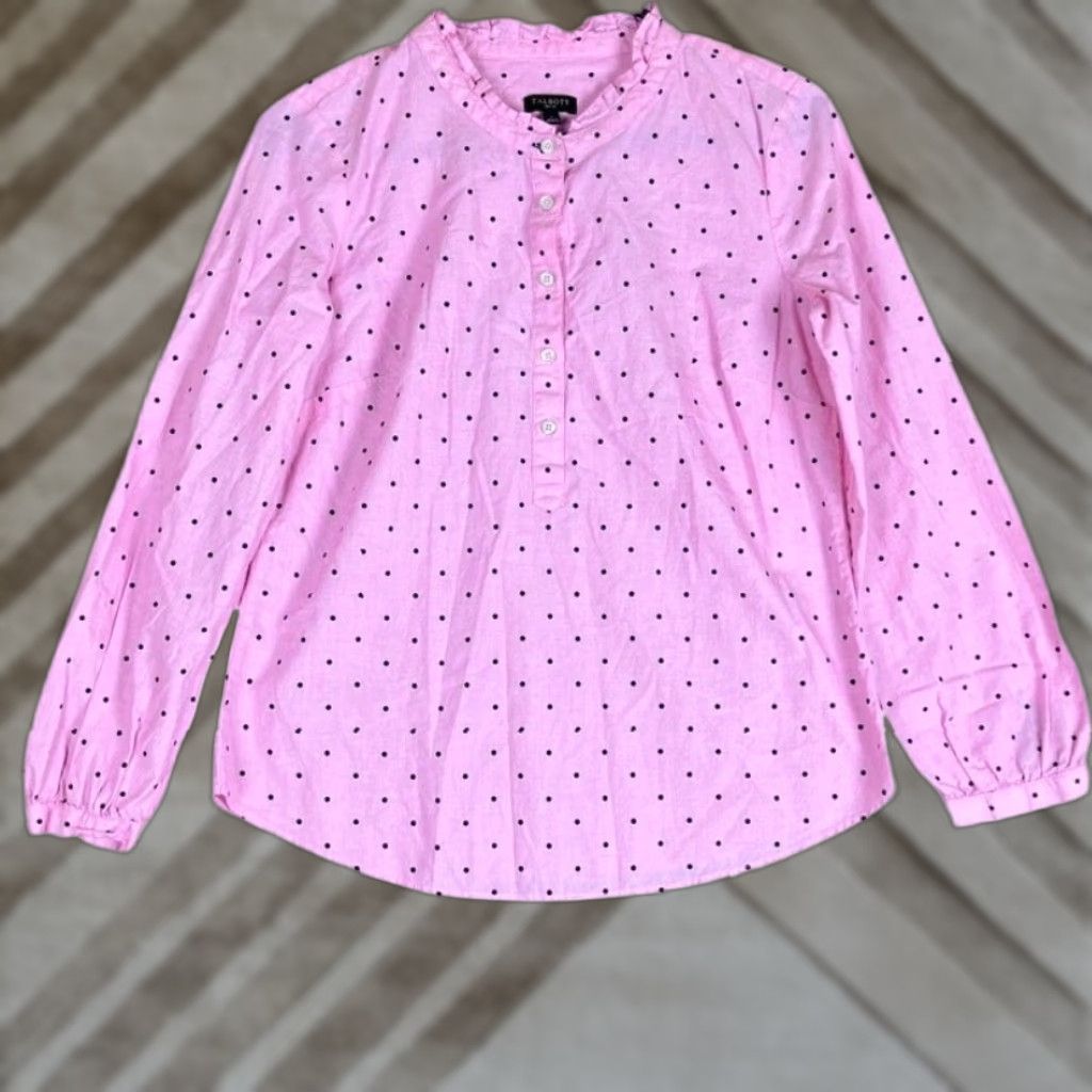 Talbots Talbots Womens Blouse Pink Black Polka Dot Ruffle Neck Long Sleeve Petite Size XXS / US 00 / IT 34 - 1 Thumbnail