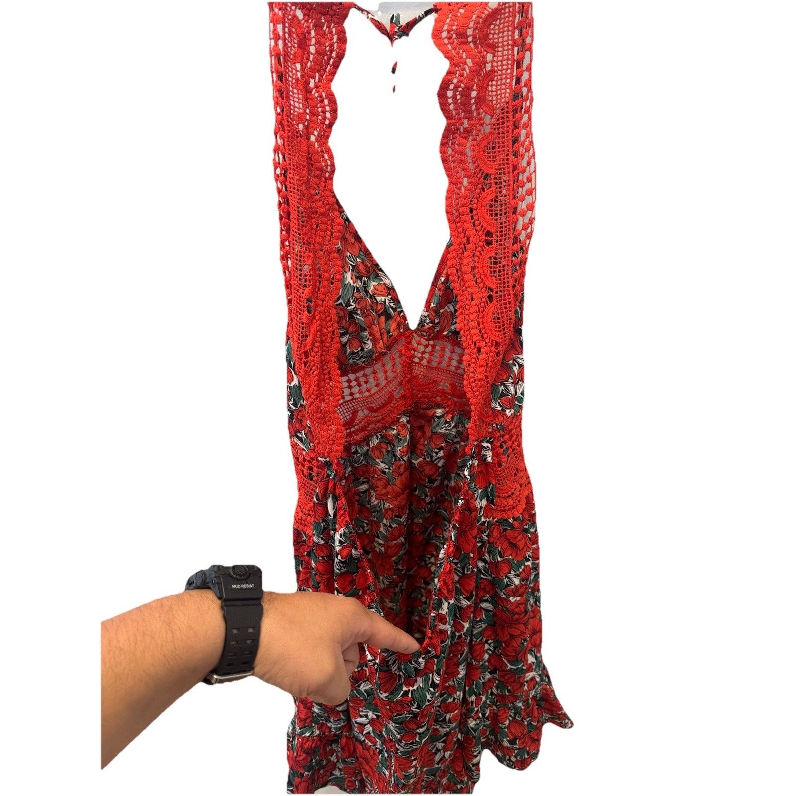 Other Women Red Floral Crochet Lace Halter Backless Mini Sundress Size XL / US 12-14 / IT 48-50 - 2 Thumbnail