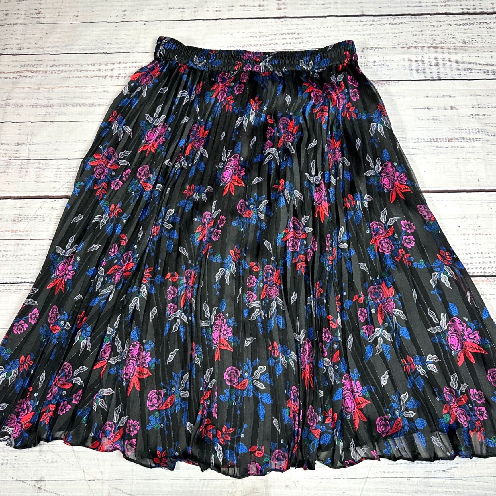 Vintage Halogen Womens Pleated Midi Skirt Sz M Black/Purple Floral Lined Polyester Size 32" / US 10 / IT 46 - 5 Thumbnail