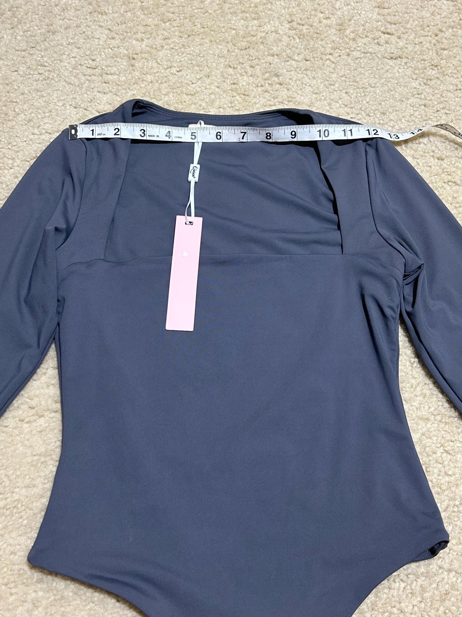 Designer Qinsen Long-Sleeve Square Neck Bodysuit, S, Charcoal Gray Size S / US 4 / IT 40 - 4 Thumbnail