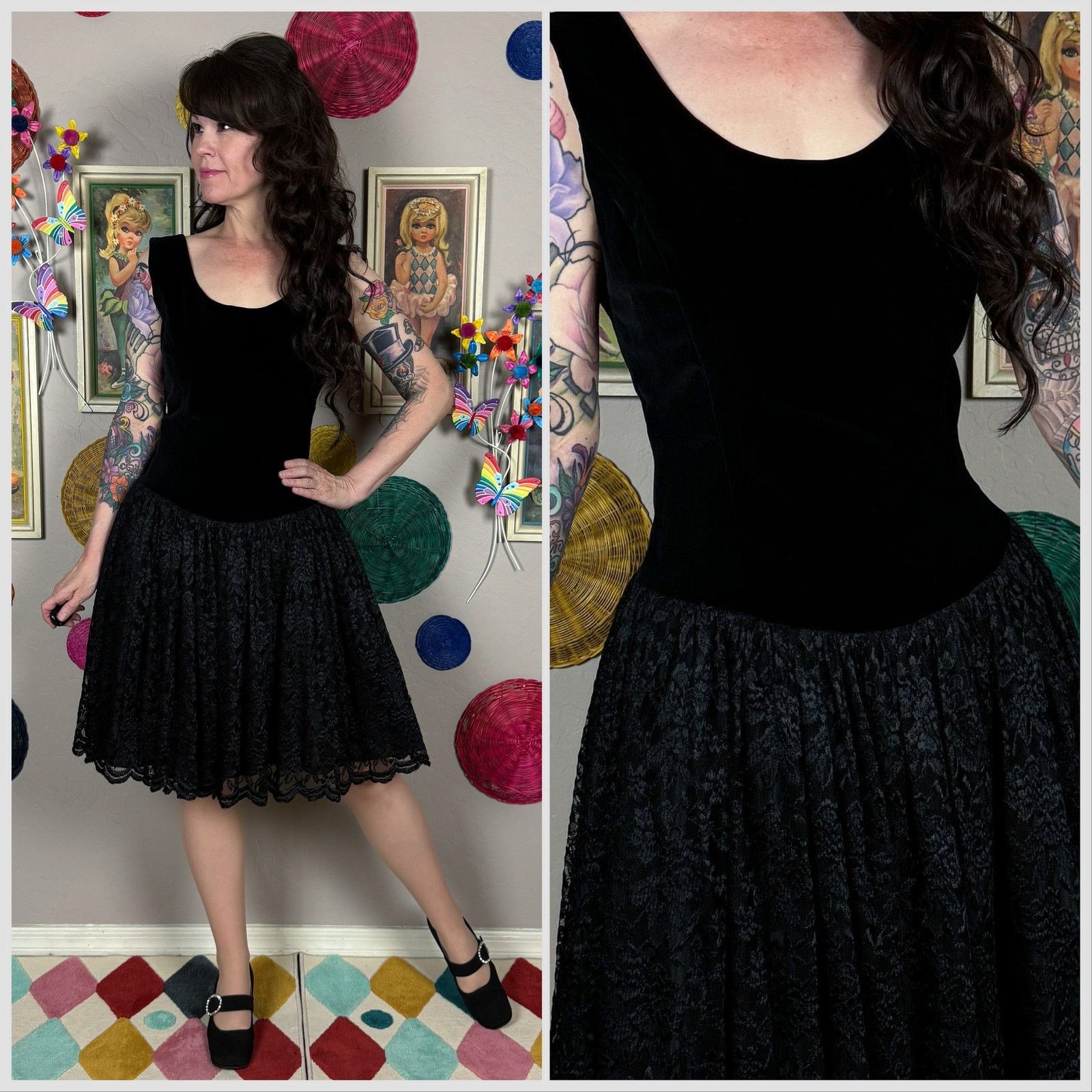 Vintage 1990s Black Velvet and Lace Sleeveless Fit and Flare Dress Size S / US 4 / IT 40 - 1 Thumbnail