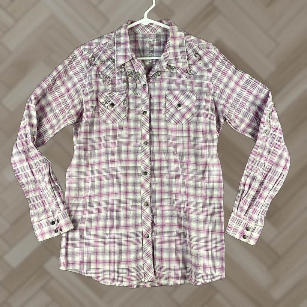 Wrangler VINTAGE Wrangler Rock 47 Pearl Snap Shirt Western Plaid Men’s Large Pink 47-32 Rhinestone Snap Closure Size US L / EU 52-54 / 3 - 1 Thumbnail