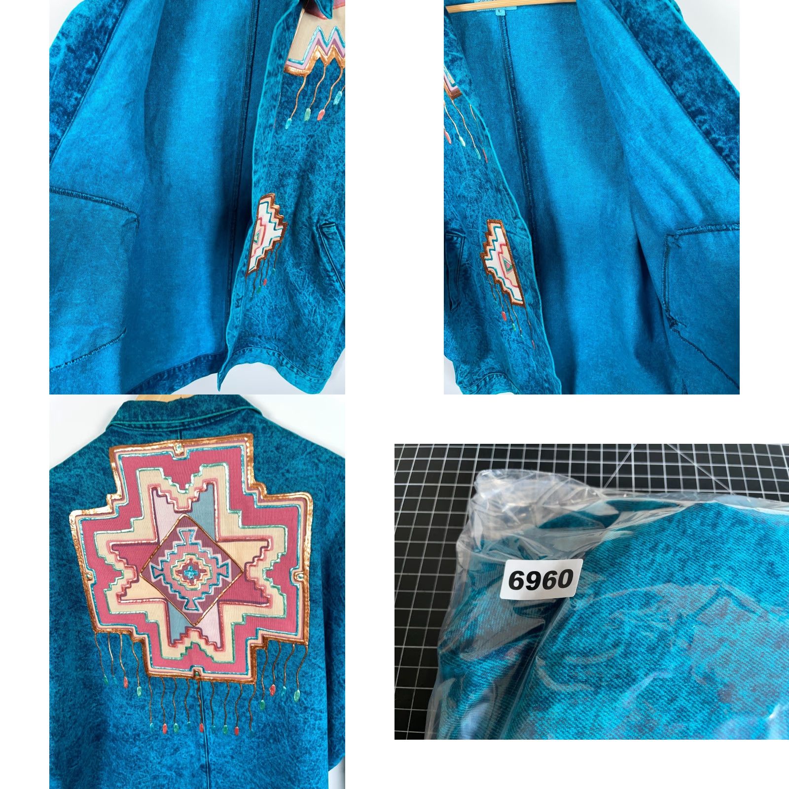 Vintage Sundance Jacket Woman Large Open Front Denim Acid Wash Teal Tribal Geometric 90s Vintage KimonoStyle Oversized Pockets Size L / US 10 / IT 46 - 9 Thumbnail