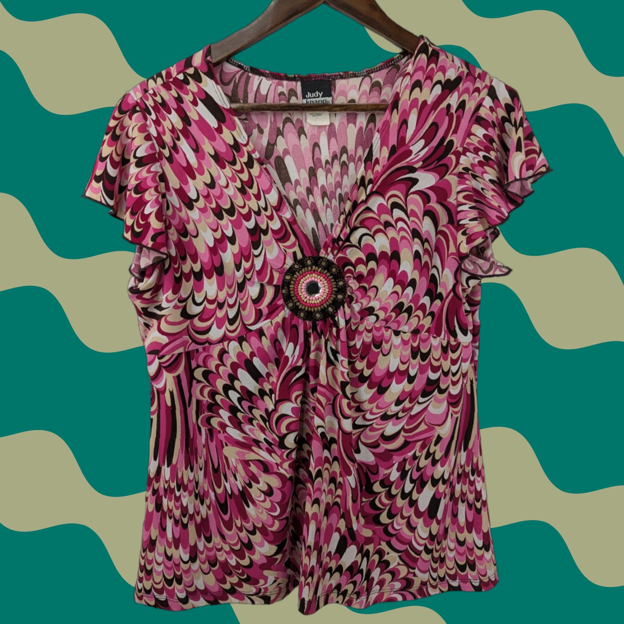 Pinko Judy Knapp Blouse Pink Short Flutter Sleeves Beaded V-Neck Geometric Pattern Plus Size L Womens Size L / US 10 / IT 46 - 1 Thumbnail