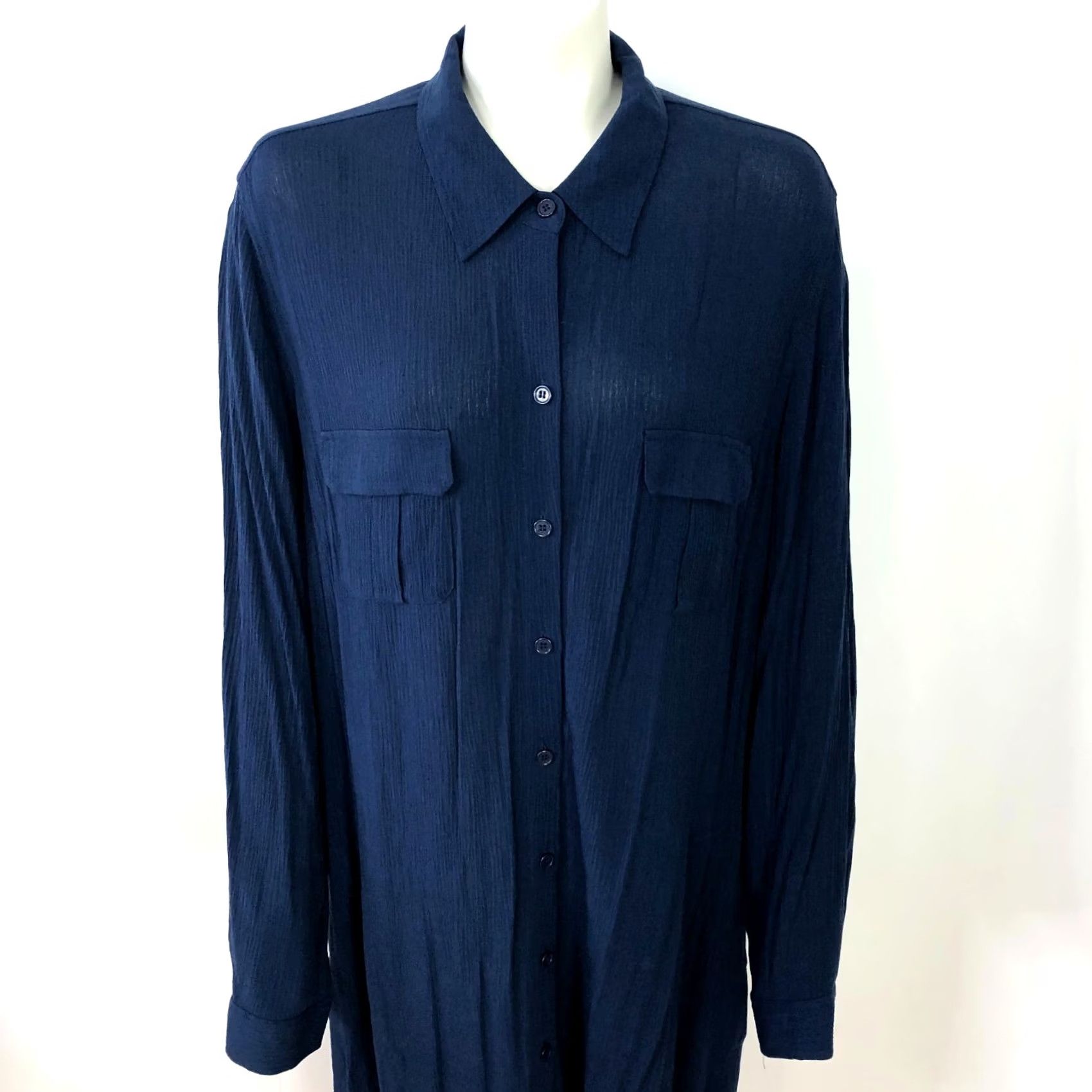 Soft Surroundings Soft Surroundings Dress Maxi Women's XL 100% Rayon Button Front Crinkle Blue Long Sleeve Round Neck Casual Summer Winter Spring Fall Size XL / US 12-14 / IT 48-50 - 2 Thumbnail