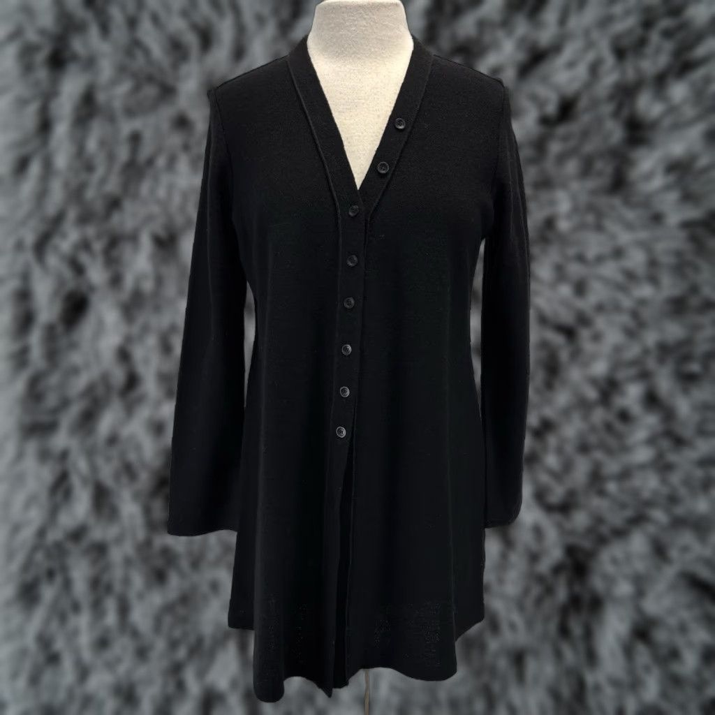 Eileen Fisher VINTAGE Eileen Fisher Cardigan Wool Sweater Black Mid length Lagenlook Petite PM Womens Long Sleeve V-Neck Size M / US 6-8 / IT 42-44 - 1 Thumbnail