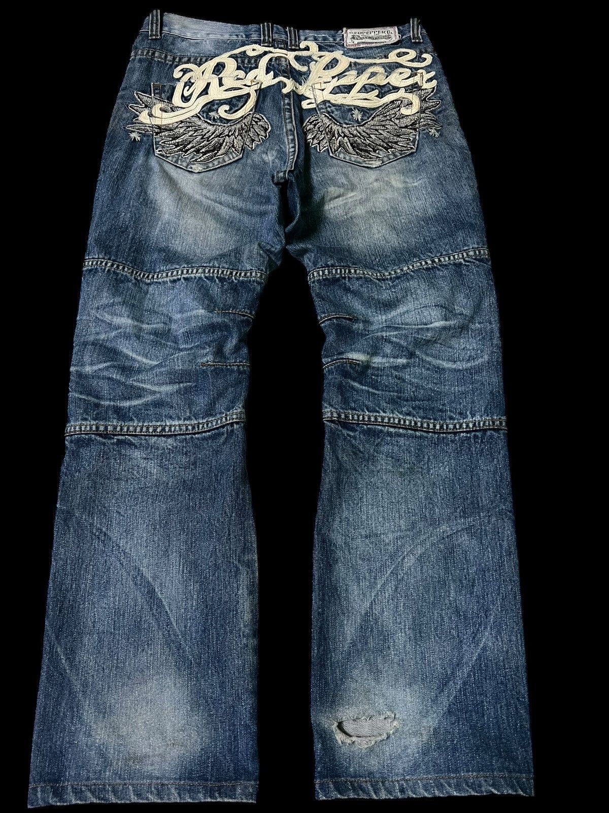 Japanese Brand 💥Baggy💥Redpepper Double Knee Washed Ripped Distress Jeans Size US 35 - 2 Thumbnail