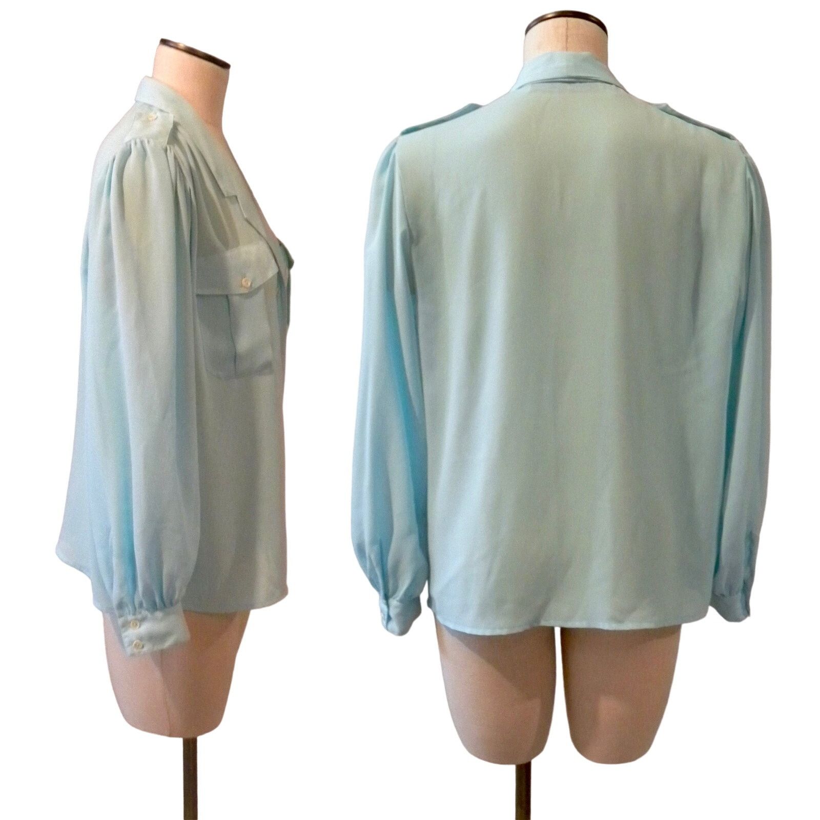 Vintage 90s Y2K Semi Sheer Turquoise Blouse w Epaulettes CHAUS | S Size S / US 4 / IT 40 - 4 Thumbnail
