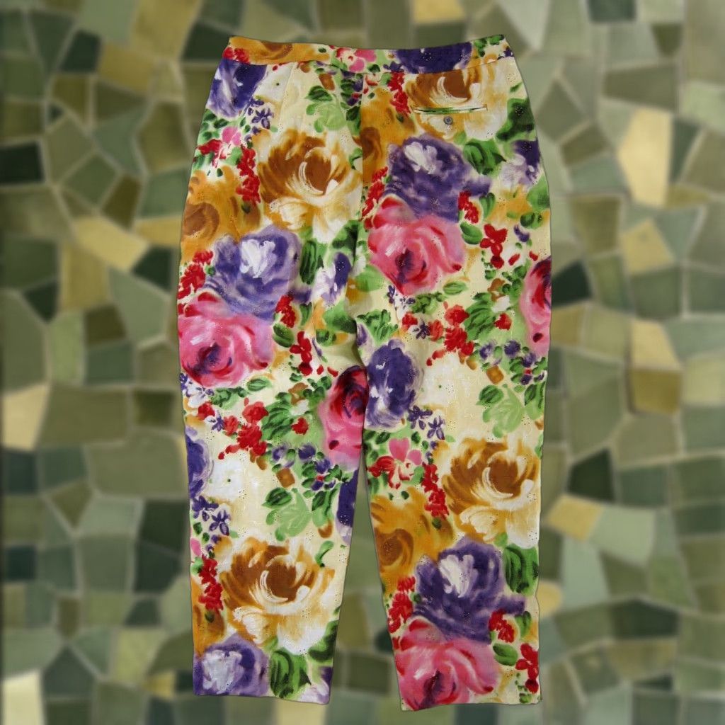 Liz Claiborne VINTAGE Liz Claiborne Collection 100% Cotton Pink Green Floral Wide Leg Pant 16 Size 38" / US 16 / IT 52 - 1 Thumbnail