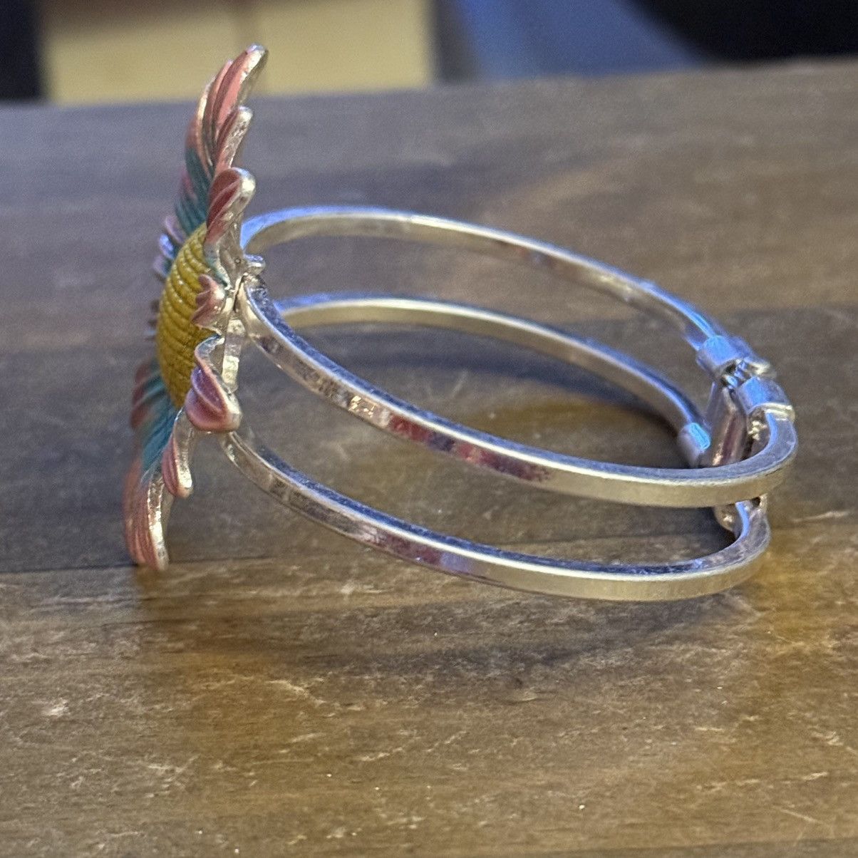 Other Silver tone pink and turquoise sunflower clamper bracelet Size ONE SIZE - 3 Thumbnail