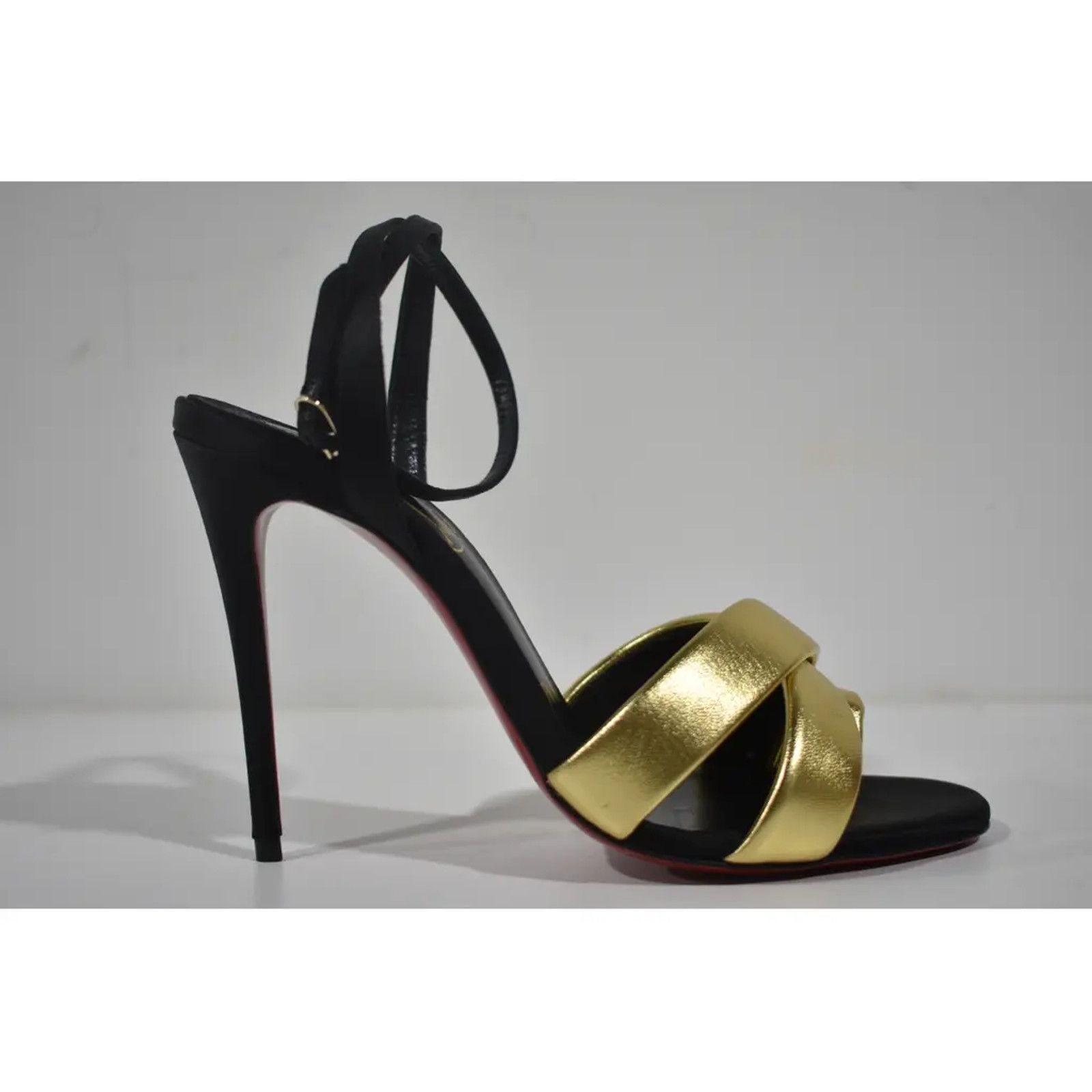 Christian Louboutin Just Me 100 Black Gold Sandal Ankle Strap Open Heel Pump 37 Size US 7 / IT 37 - 2 Thumbnail