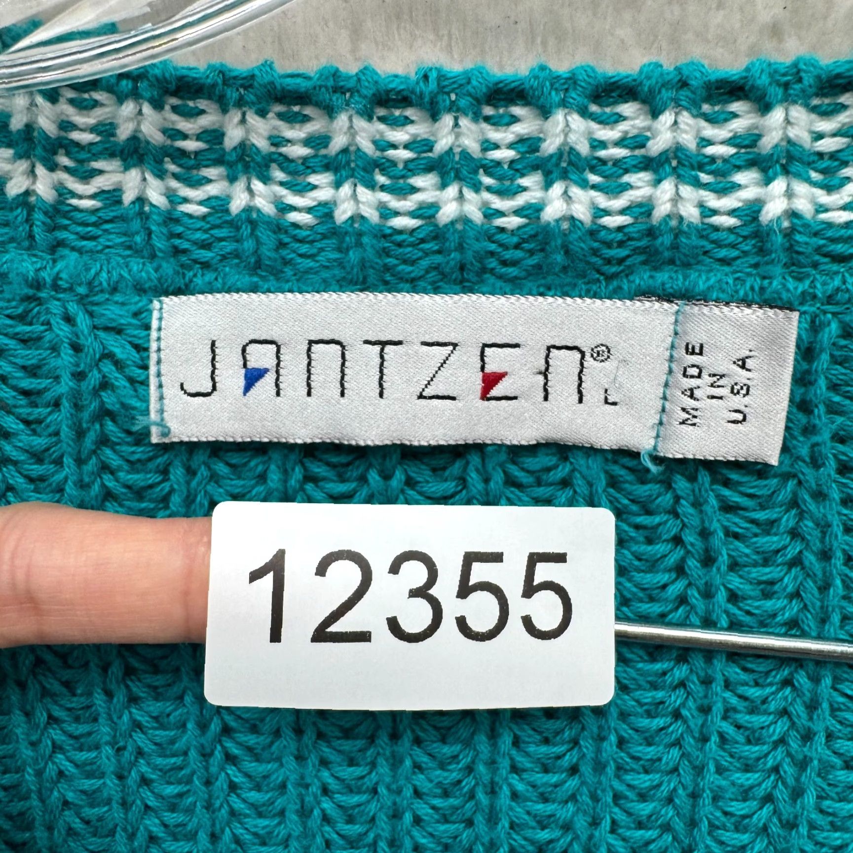 Jantzen VINTAGE 80s 90s Jantzen Sweater Mens L/XL Teal Blue Retro Rugby Preppy Fisherman Cotton Casual knit Size US L / EU 52-54 / 3 - 8 Thumbnail