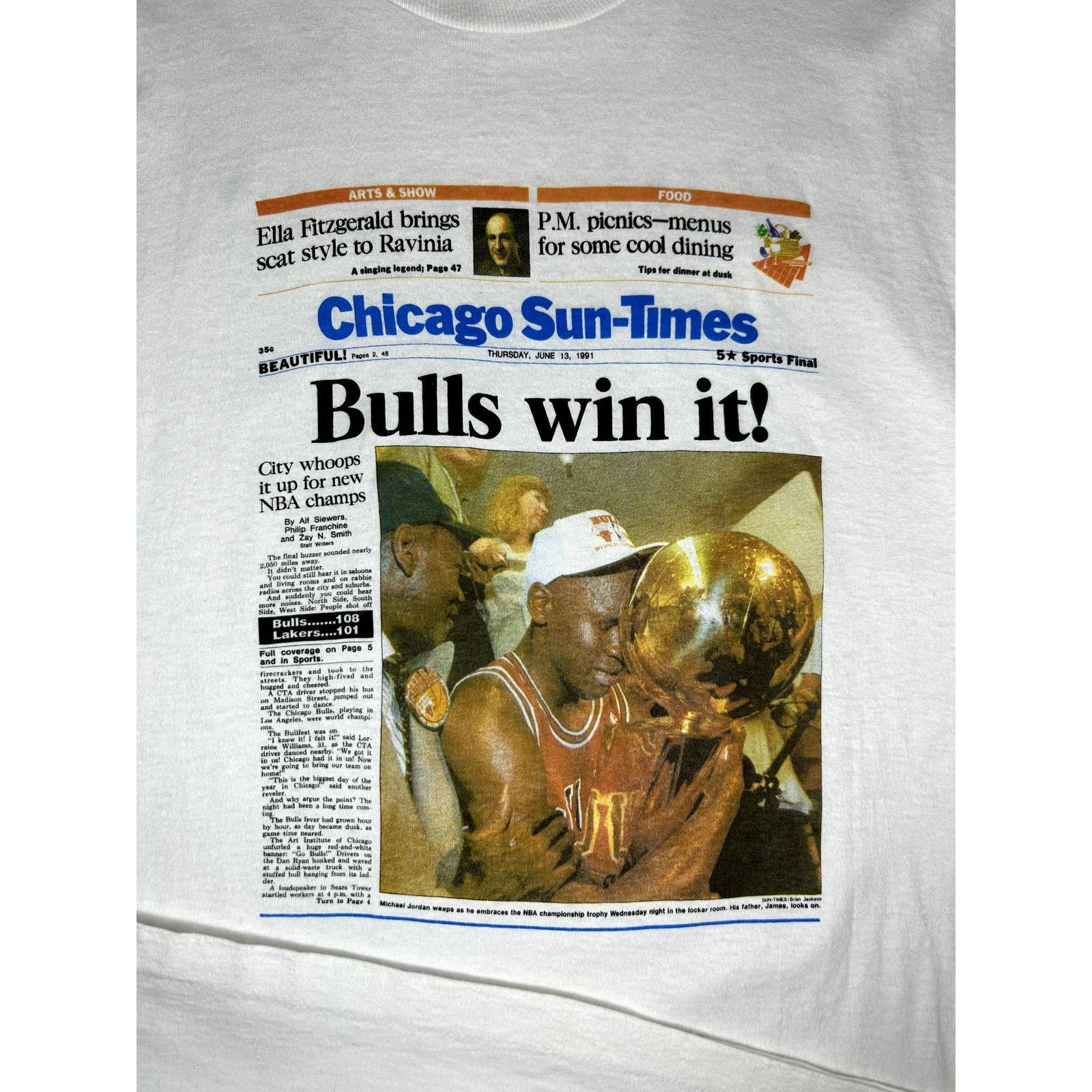 NBA 1991 NBA Chicago Bulls Michael Jordan Newspaper Print Shirt Size US L / EU 52-54 / 3 - 11 Thumbnail