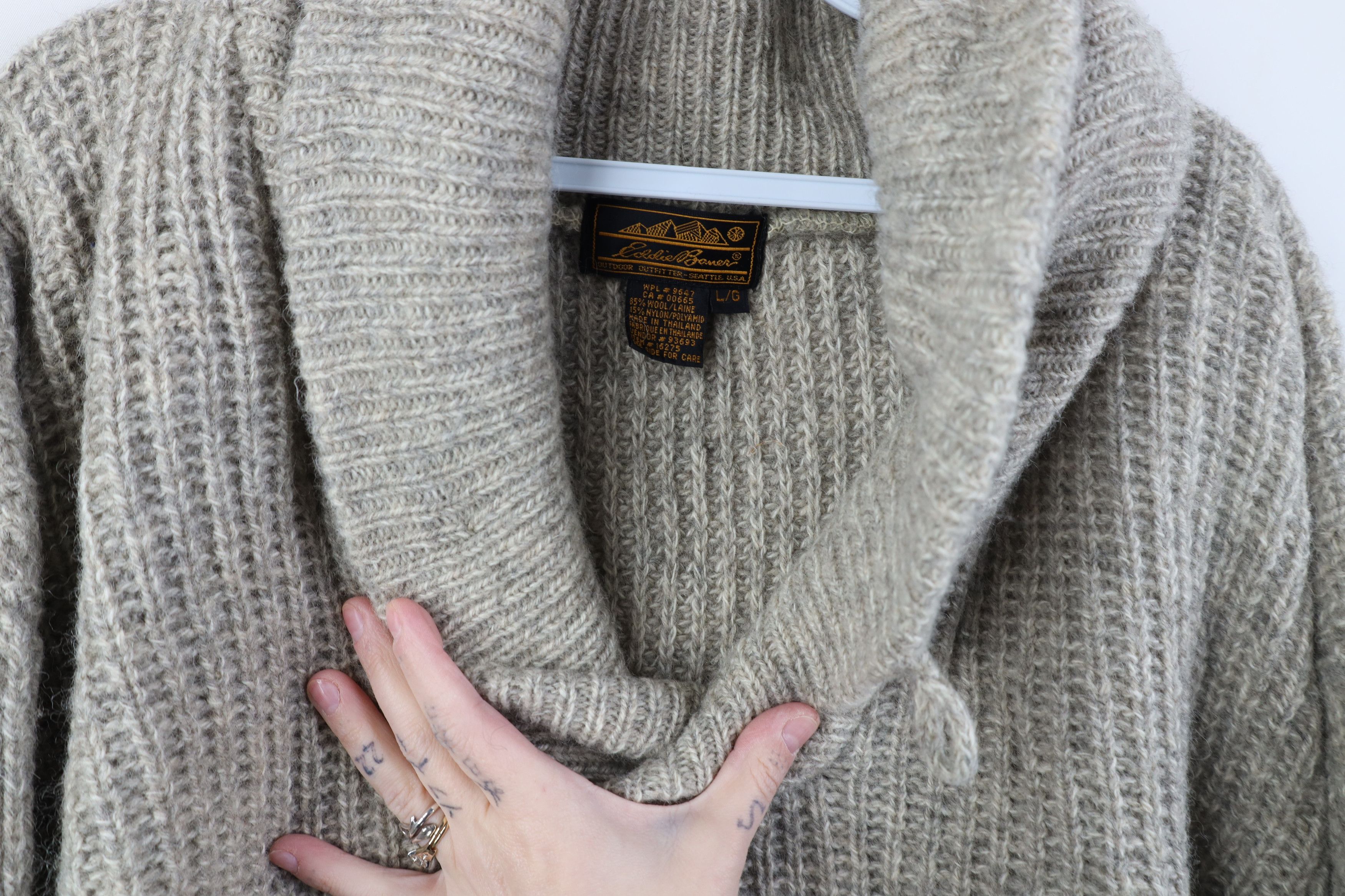 Eddie Bauer Vintage 90s Eddie Bauer Ribbed Knit Shawl Sweater Beige Size US L / EU 52-54 / 3 - 5 Thumbnail
