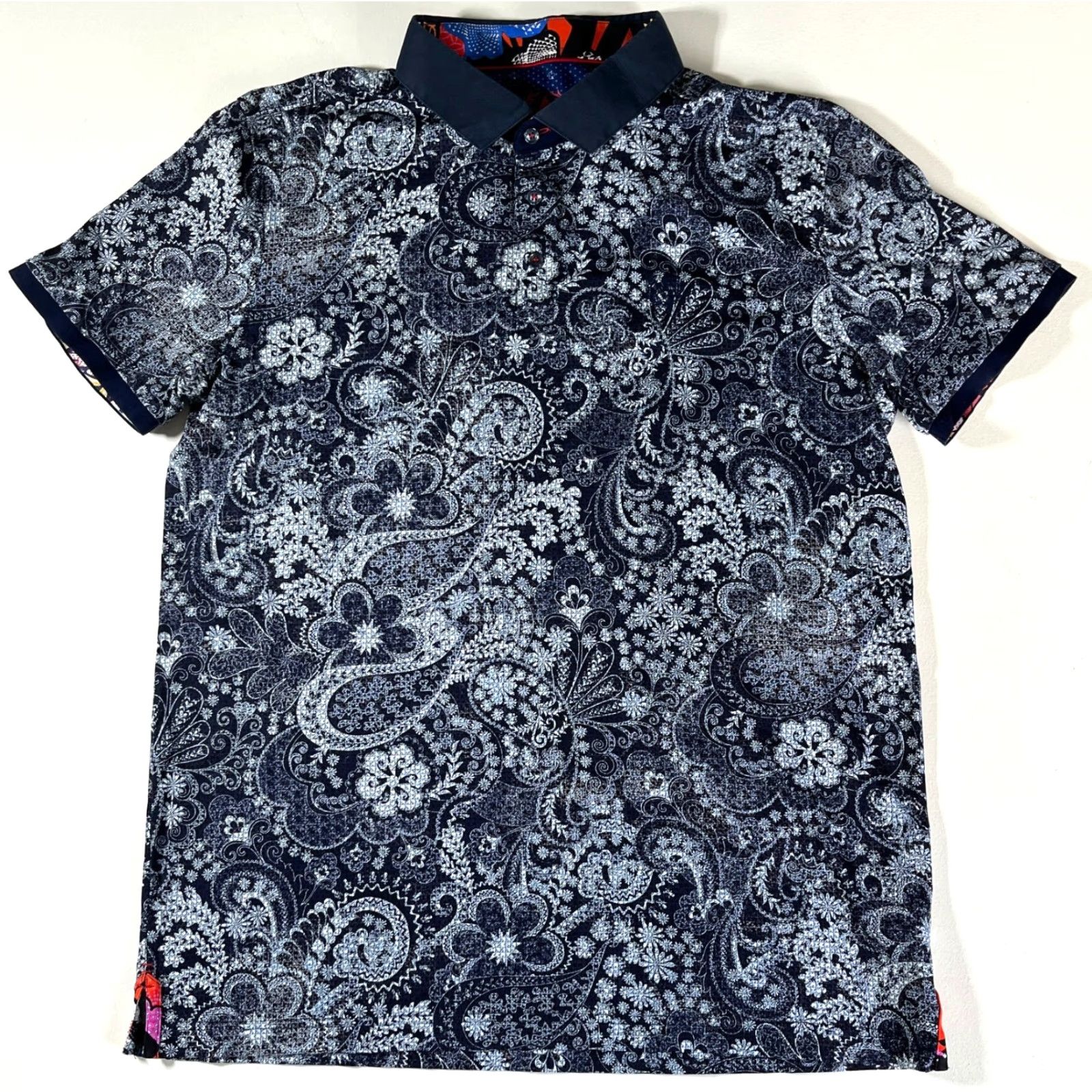 Au Noir VINTAGE Au Noir Polo Shirt Paisley Navy Cotton XL Mens Short Sleeve Collared Button Regular Size US XL / EU 56 / 4 - 4 Thumbnail
