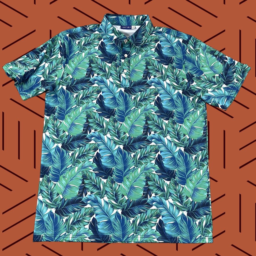 Vintage HRESKI Polo Shirt Mens Medium Blue Green Floral Hawaiian Tropical Golf Stretch Size US M / EU 48-50 / 2 - 1 Thumbnail