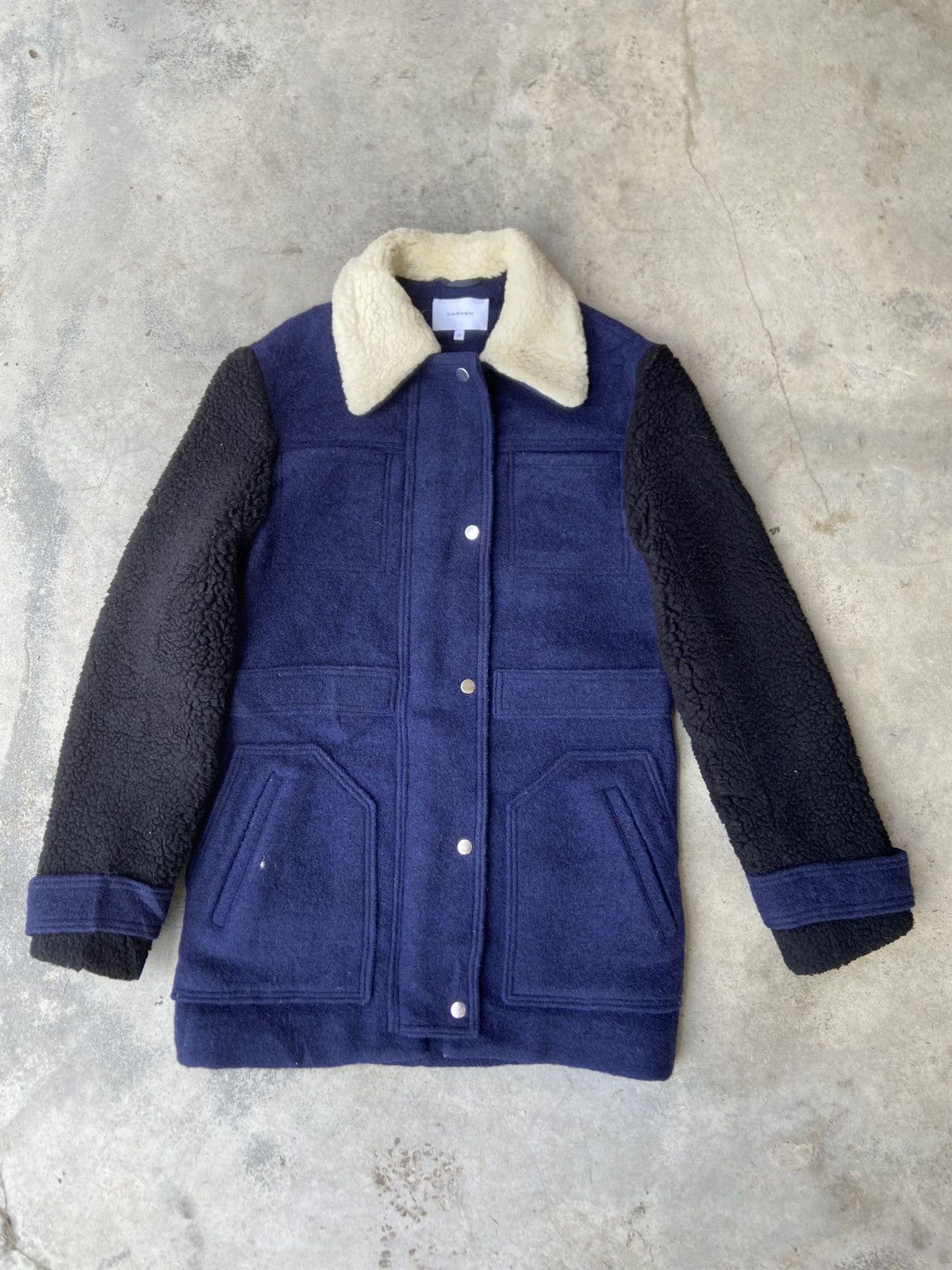 Carven Navy Blue and Black Wool Coat Jacket