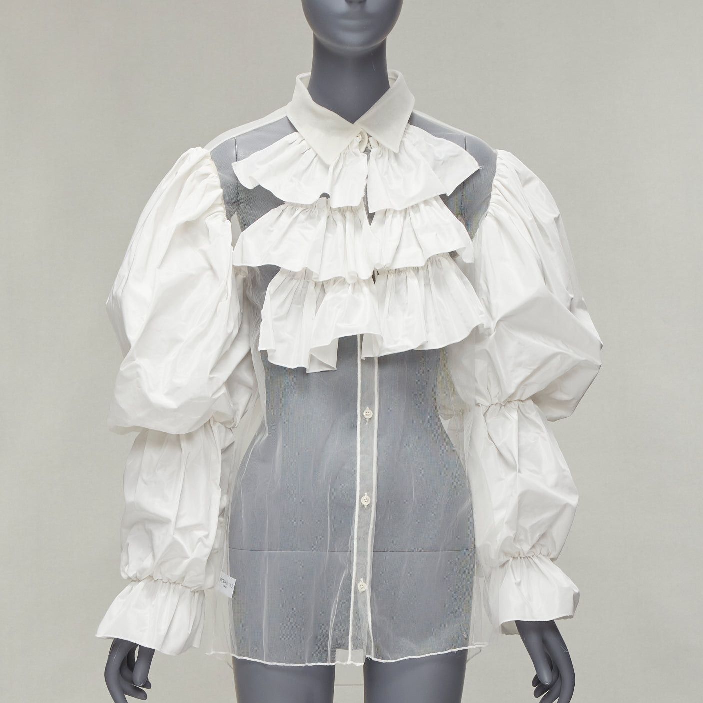 Image of Viktor Rolf Viktor & Rolf Tulle Cream Ruffle Front Victorian Puff Sleeves Sheer Shirt S in White, W