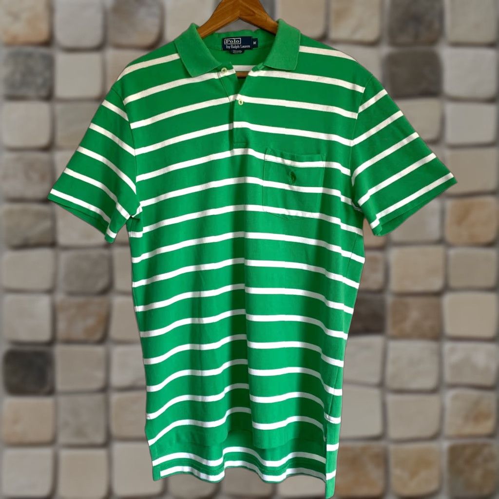 Polo Ralph Lauren VINTAGE Polo Ralph Lauren Mens Polo Shirt Striped Chest Pocket Sz M Green White Polo Shirt Size US M / EU 48-50 / 2 - 1 Thumbnail