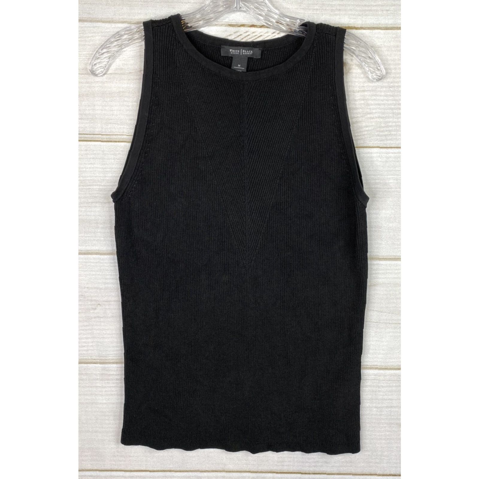 White House Black Market White House Black Market Tank Womens M Black Ribbed Knit Top Sleeveless Round Neck Stretch Pullover Casual Tunic Cardigan? Size M / US 6-8 / IT 42-44 - 2 Thumbnail