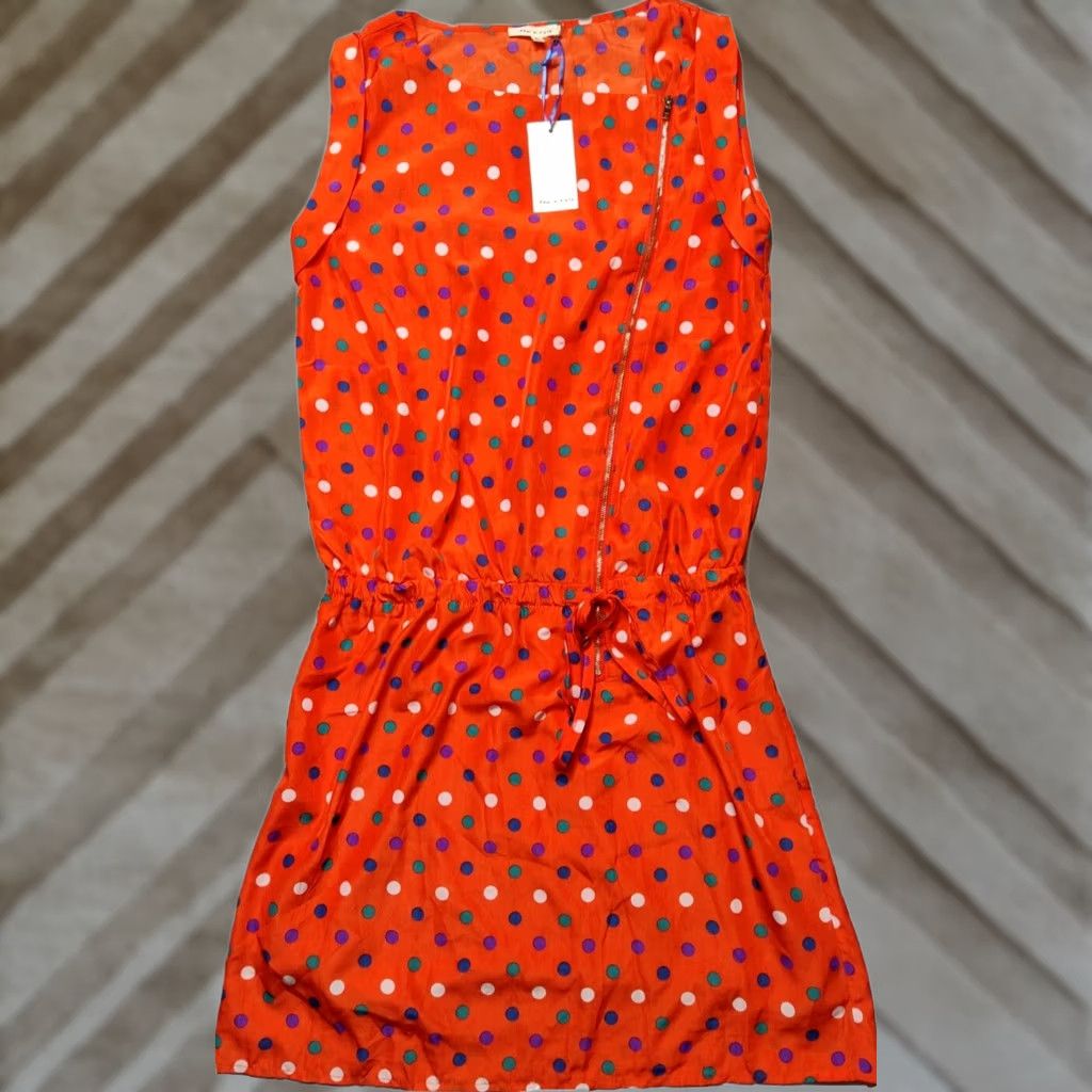 Vintage TEA N ROSE Women Large Orange Polka Dots Lined Asymmetrical Zip Shift Dress NEW Size L / US 10 / IT 46 - 1 Thumbnail