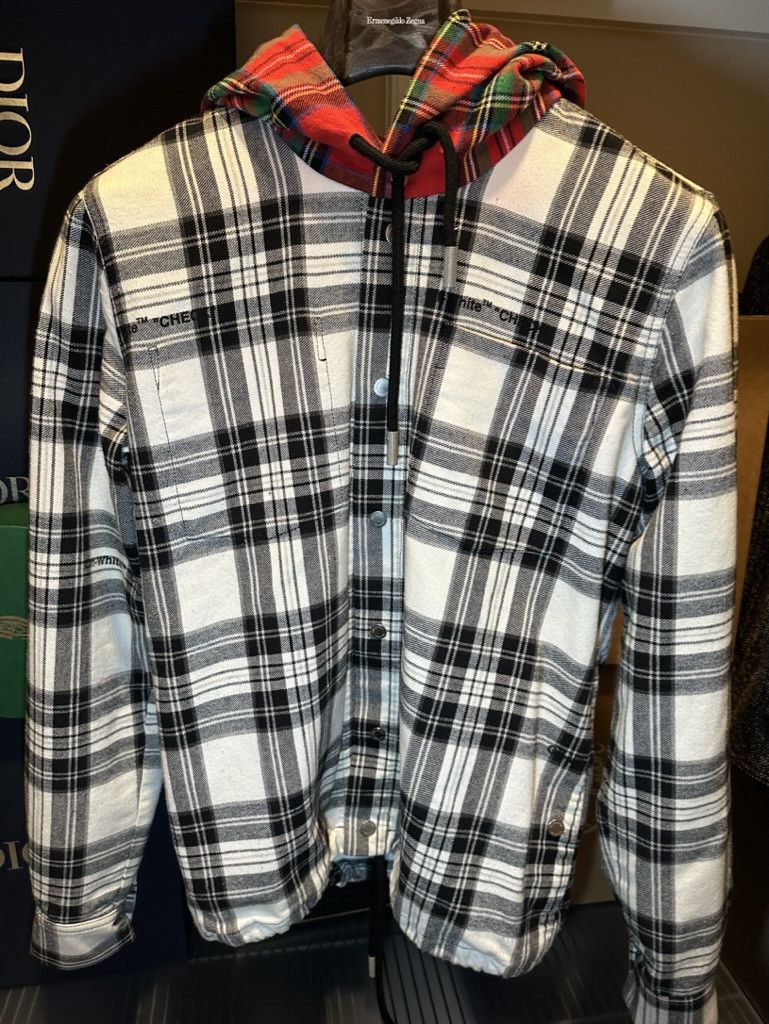 image of Off White Off-White Checkered Flannel With Hood, Men's (Size XS)