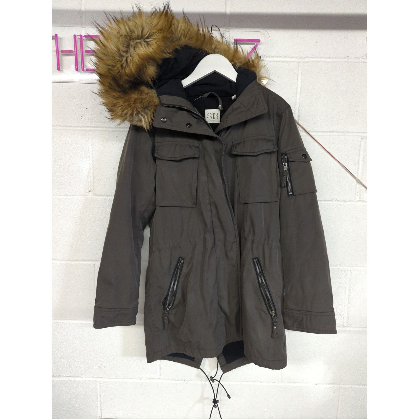 Other S13 Sz Med M Olive Green Faux Fur Hood Utility Jacket Parka Size M / US 6-8 / IT 42-44 - 2 Thumbnail