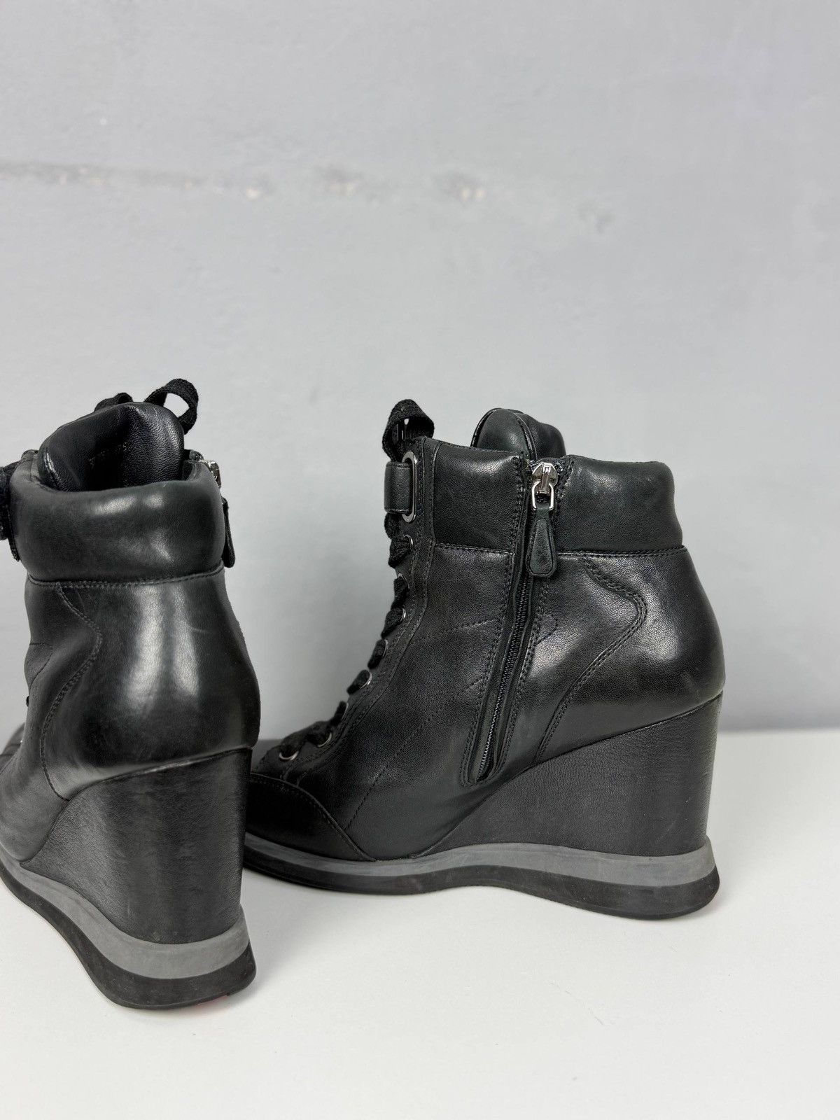 Prada Prada Black Wedge Sneakers Leather High Top EU 37.5 Size US 6.5 / IT 36.5 - 6 Thumbnail