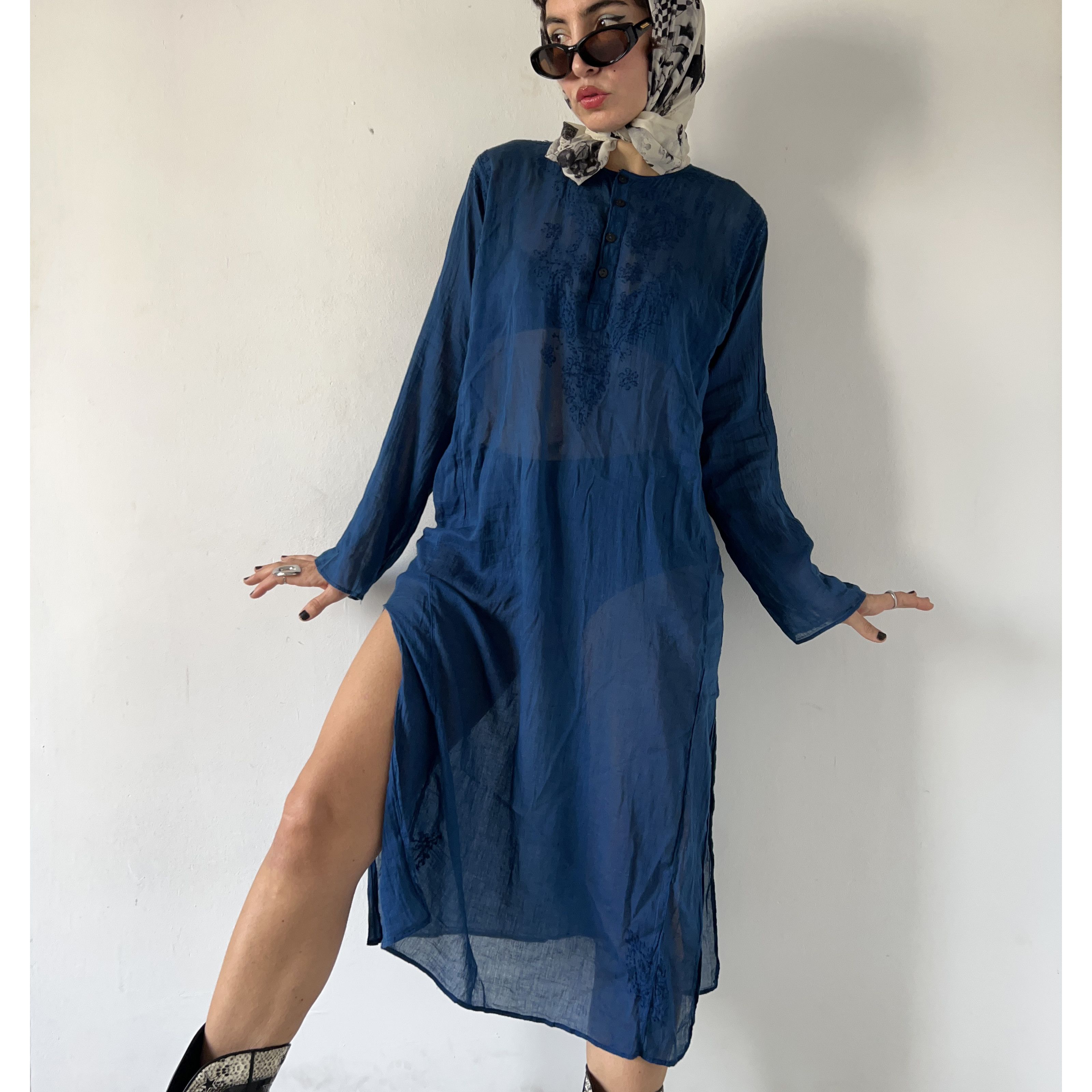 Vintage Cobalt blue Indian boho sheer dress cover-up Size L / US 10 / IT 46 - 1 Thumbnail