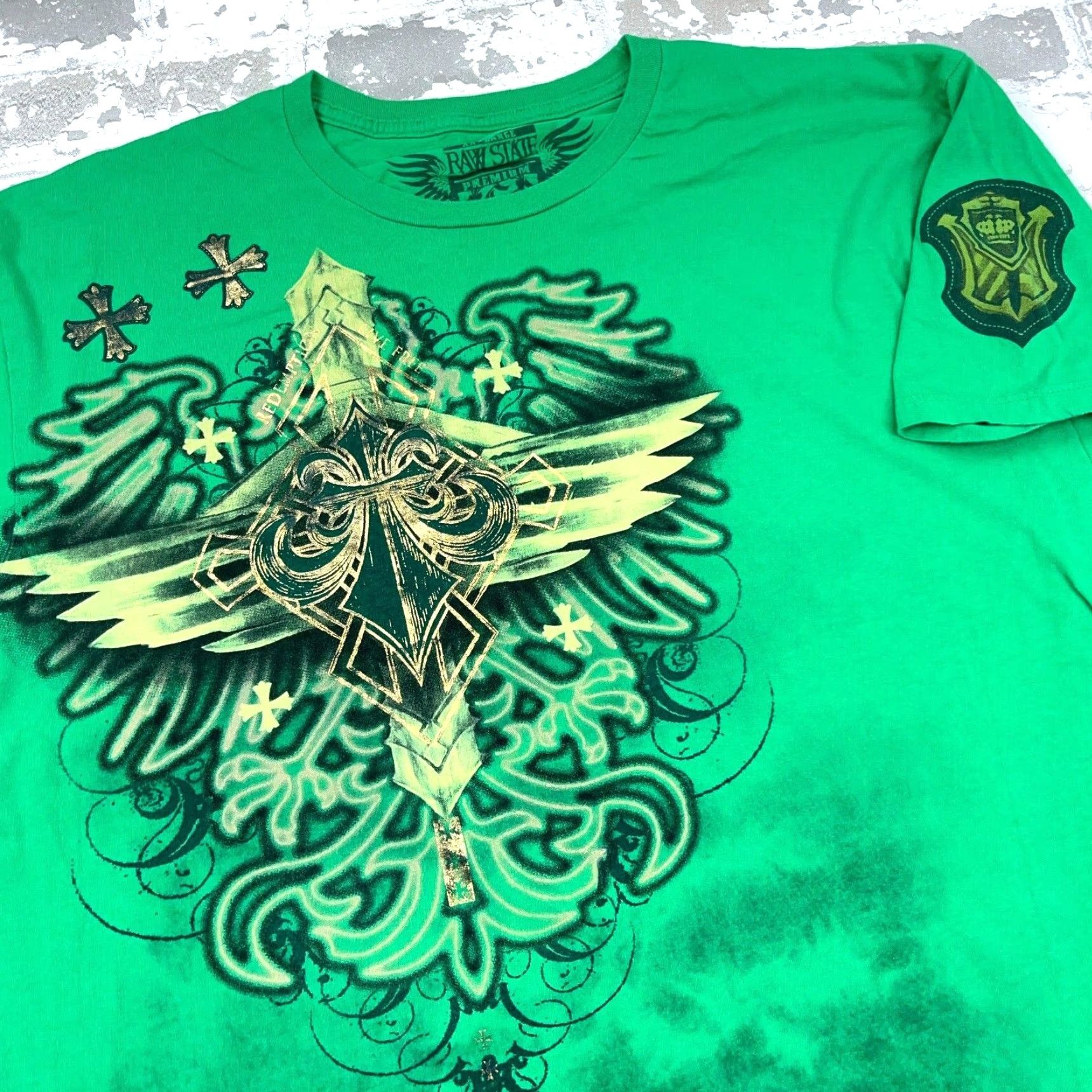 Vintage Raw State T-Shirt Men 2XL Green Logo Graphic Print Short Sleeve Muscle Punk Y2K USA Gothic Grunge Retro Skull Cross Wings MMA Fighter Vintage: No Size US XXL / EU 58 / 5 - 3 Thumbnail