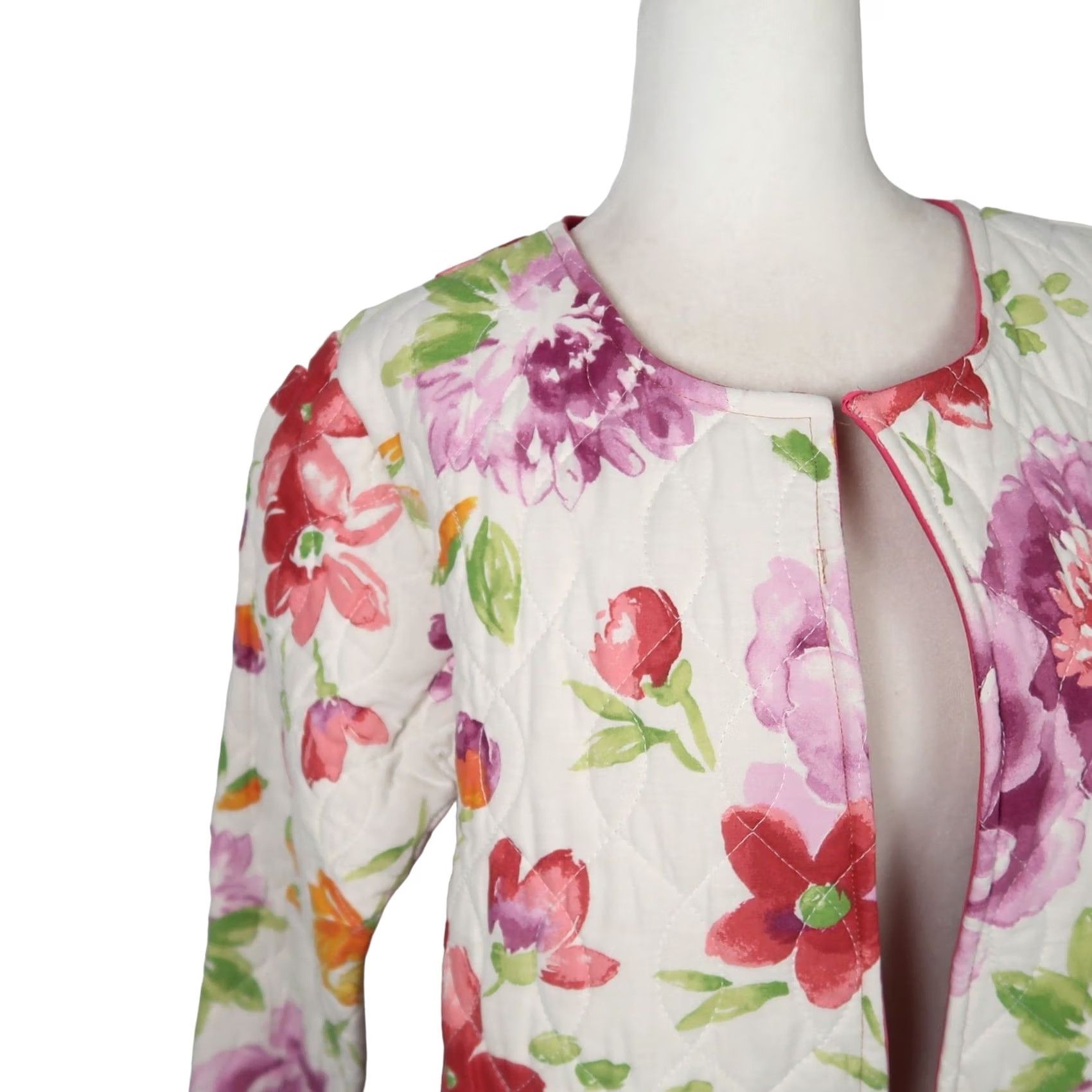 Pinko VINTAGE 90s White Pink Purple Floral Print Quilted Jacket M Women Short Spring Casual 90s Mens Women Girls Boys Size M / US 6-8 / IT 42-44 - 2 Thumbnail