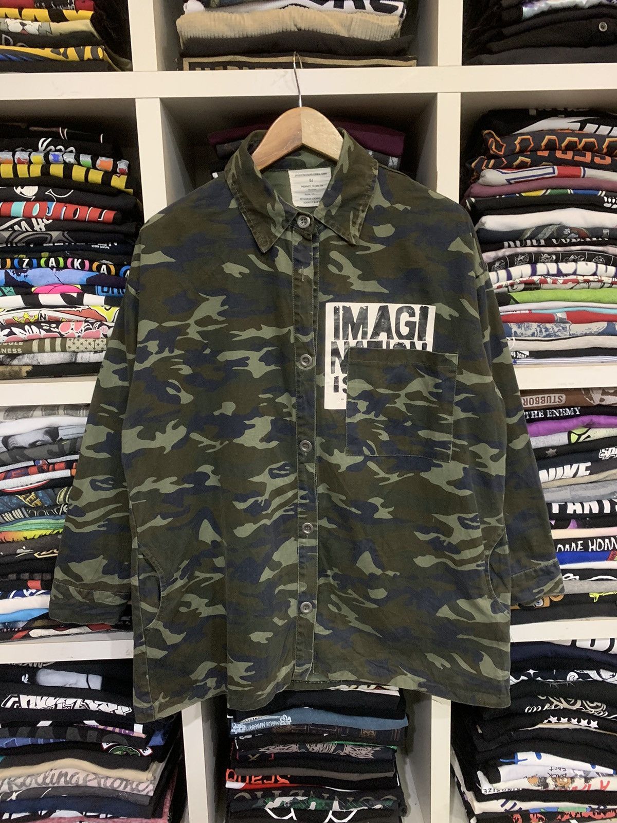 image of Bj Camo Button Shirt Distress Design in Army Green, Men's (Size XL)