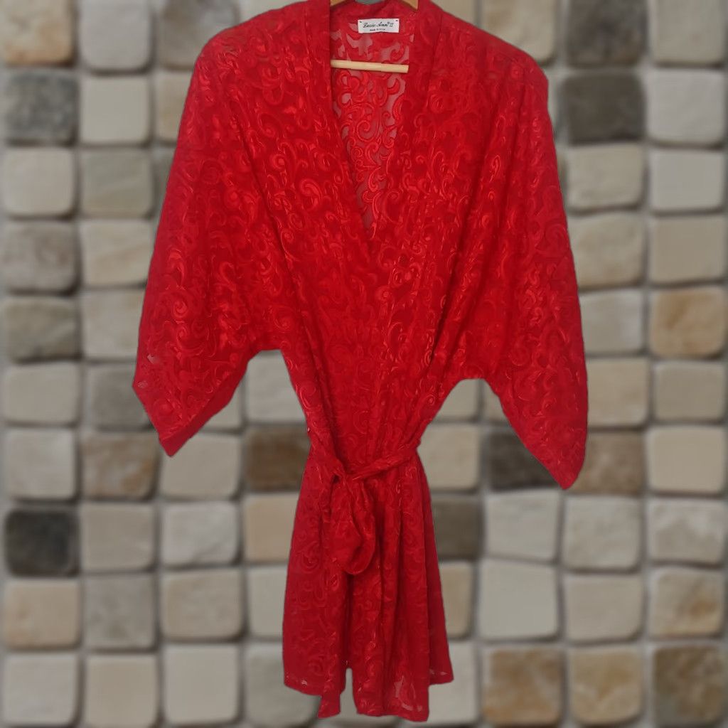 Vintage VINTAGE Lucie Ann II Womens L Kimono Robe Red Sheer Belted Eveningwear USA 1980s Mens/Womens Size ONE SIZE - 1 Thumbnail