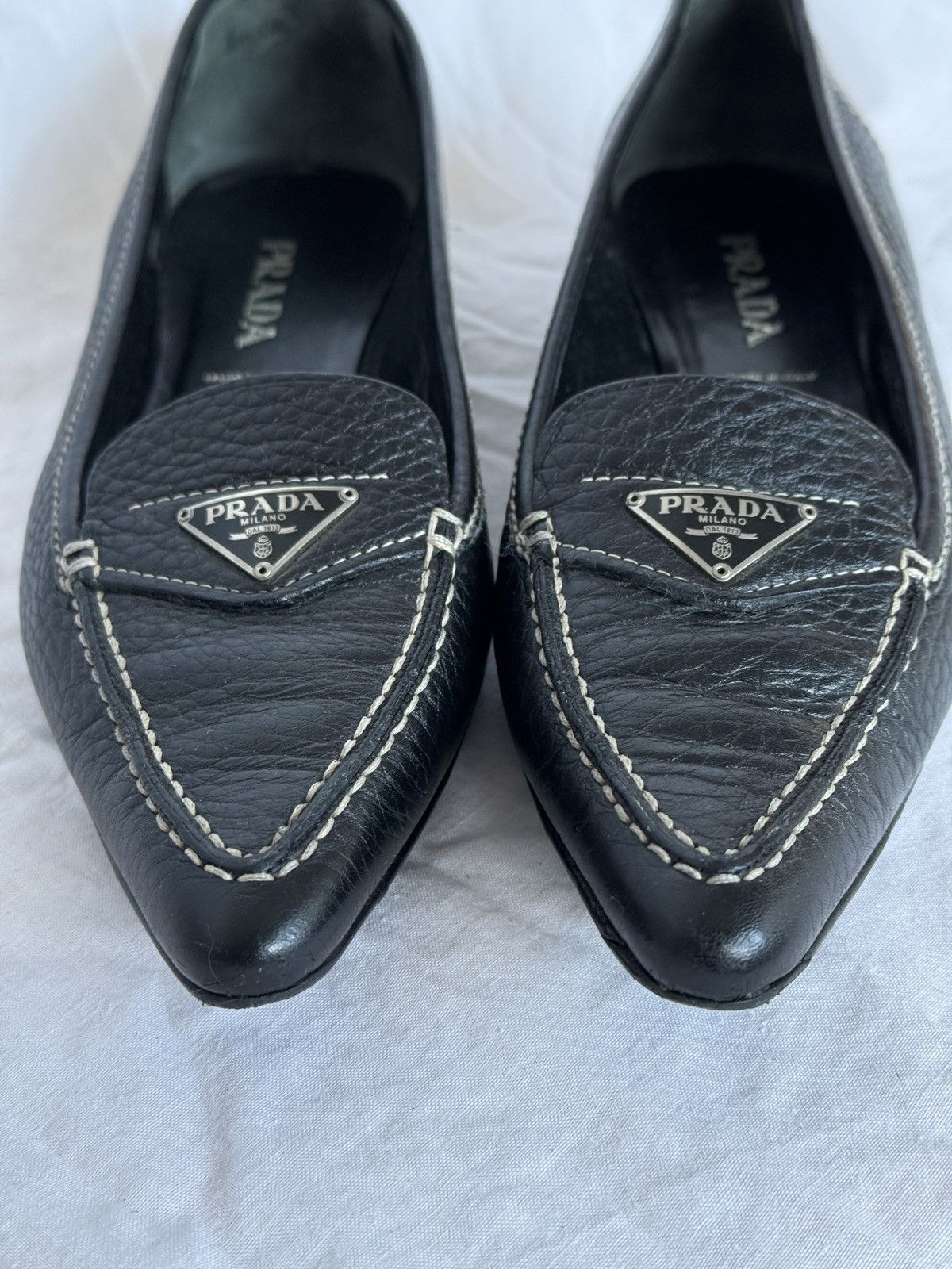 Prada Prada Vintage Black Leather Metal Logo Pointed Toe Flats Size US 7.5 / IT 37.5 - 4 Thumbnail