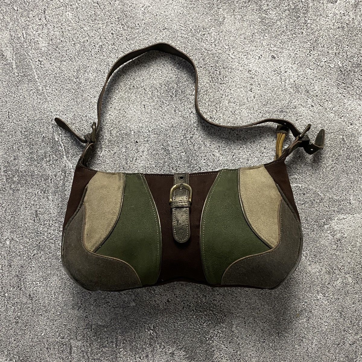 Japanese Brand 2000s Earth Tone Suede Patchwork Shoulder Bag Size ONE SIZE - 1 Thumbnail