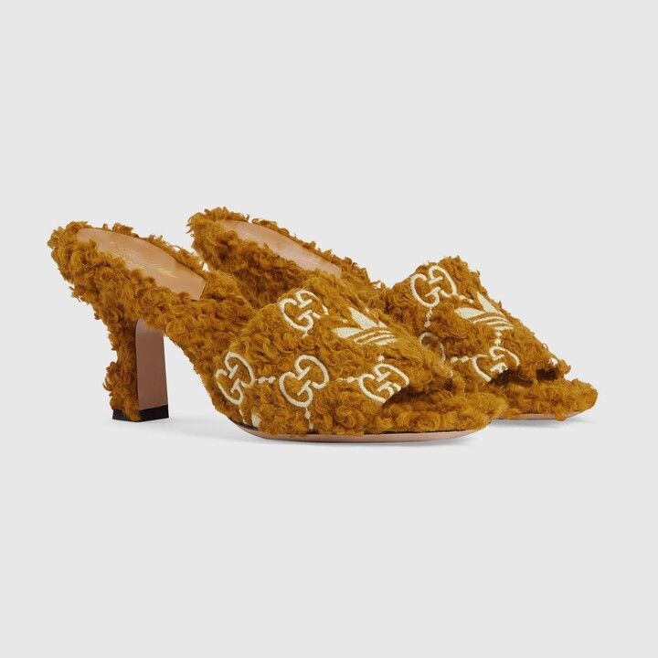 x Adidas Logo GG Heeled Monogram Shearling Sandals in brown
