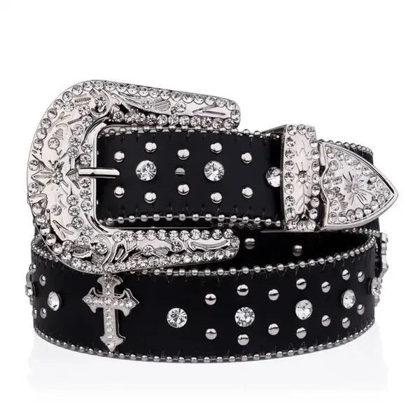 Leather Black Cross Rivet Belt Engraved Buckle Rhinestone PU Belt Size ONE SIZE - 1 Thumbnail