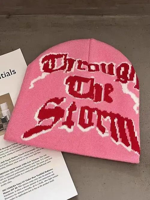 Japanese Brand × Vintage Pink letter jacquard y2k street graffiti warm knitted hat Size ONE SIZE - 2 Thumbnail
