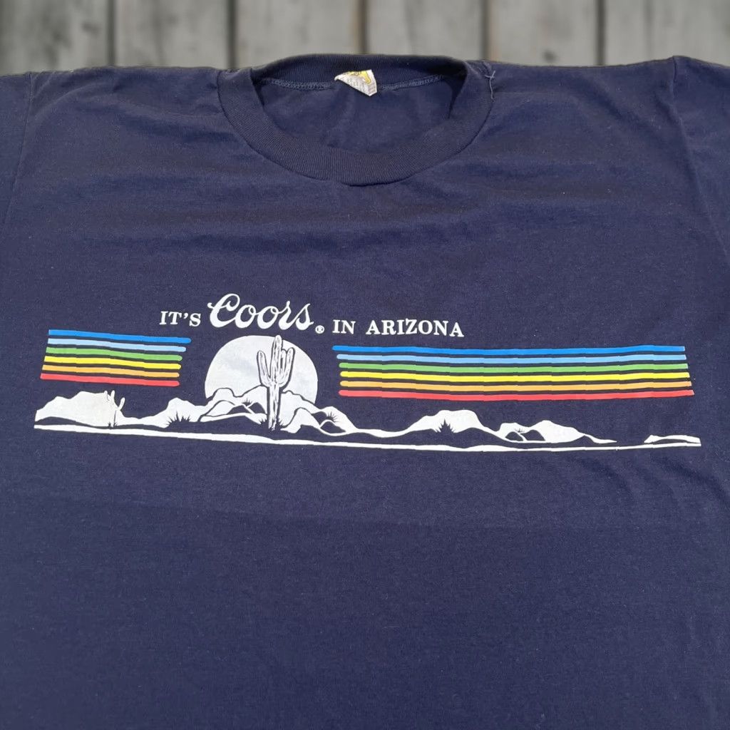 VINTAGE Velva Sheen Coors Arizona T Shirt XL Men's Short Sleeve Cotton Blend 80s Desert Cactus Rainbow USA Sportswear