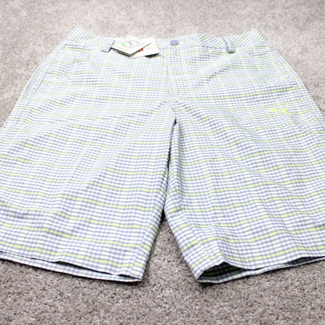 Puma Puma Shorts Mens 32 Gray Yellow Checkered Dry Cell CleverDry Pockets Knit Inseam 11in Regular Size US 32 / EU 48 - 2 Thumbnail
