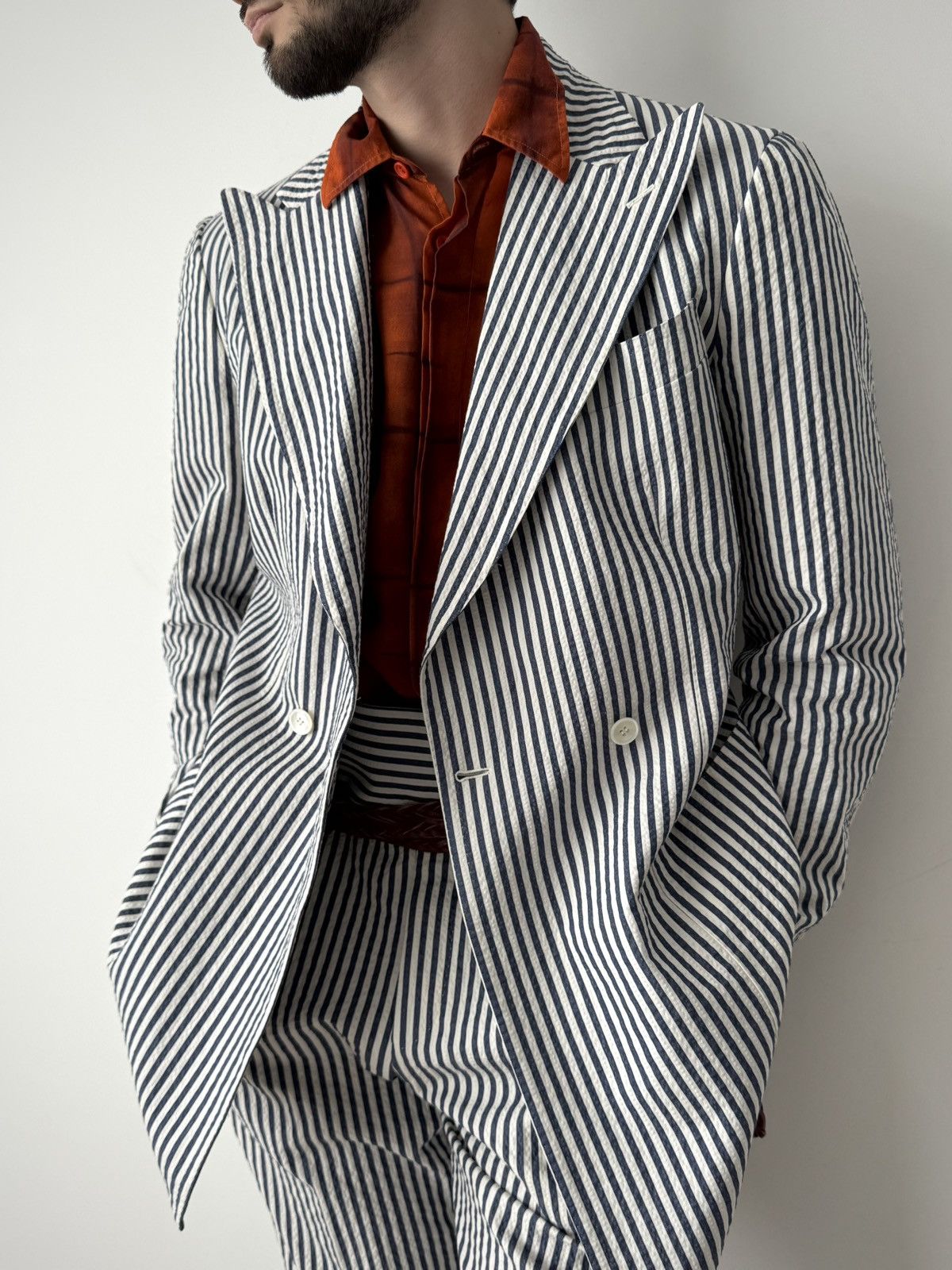 Designer Amarcord Bespoke Double Breasted Cotton Striped Suit Size 42R - 1 Thumbnail