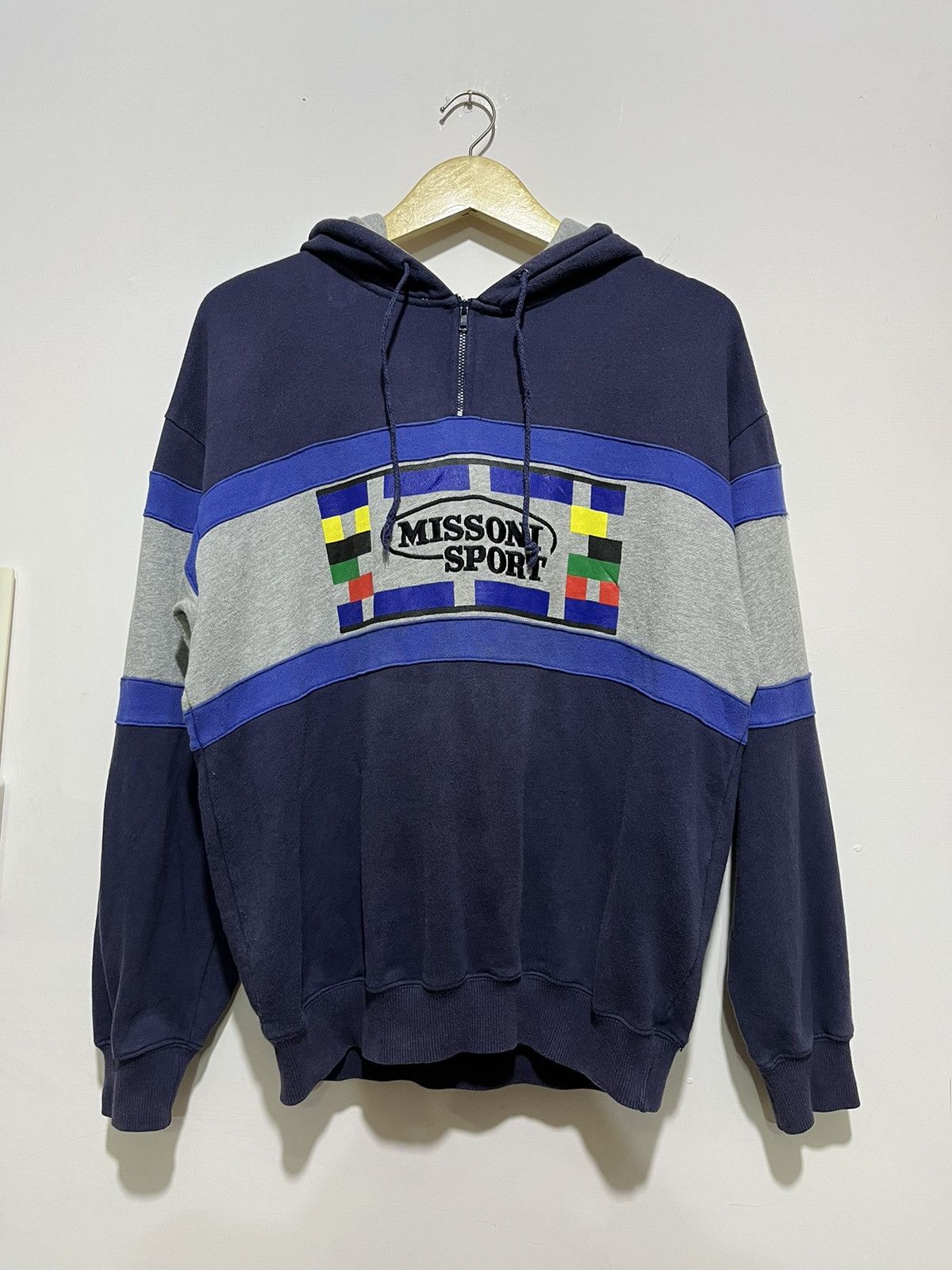 image of Vintage Missoni Sport Half Zip Hoodie in Navy, Men's (Size Medium)
