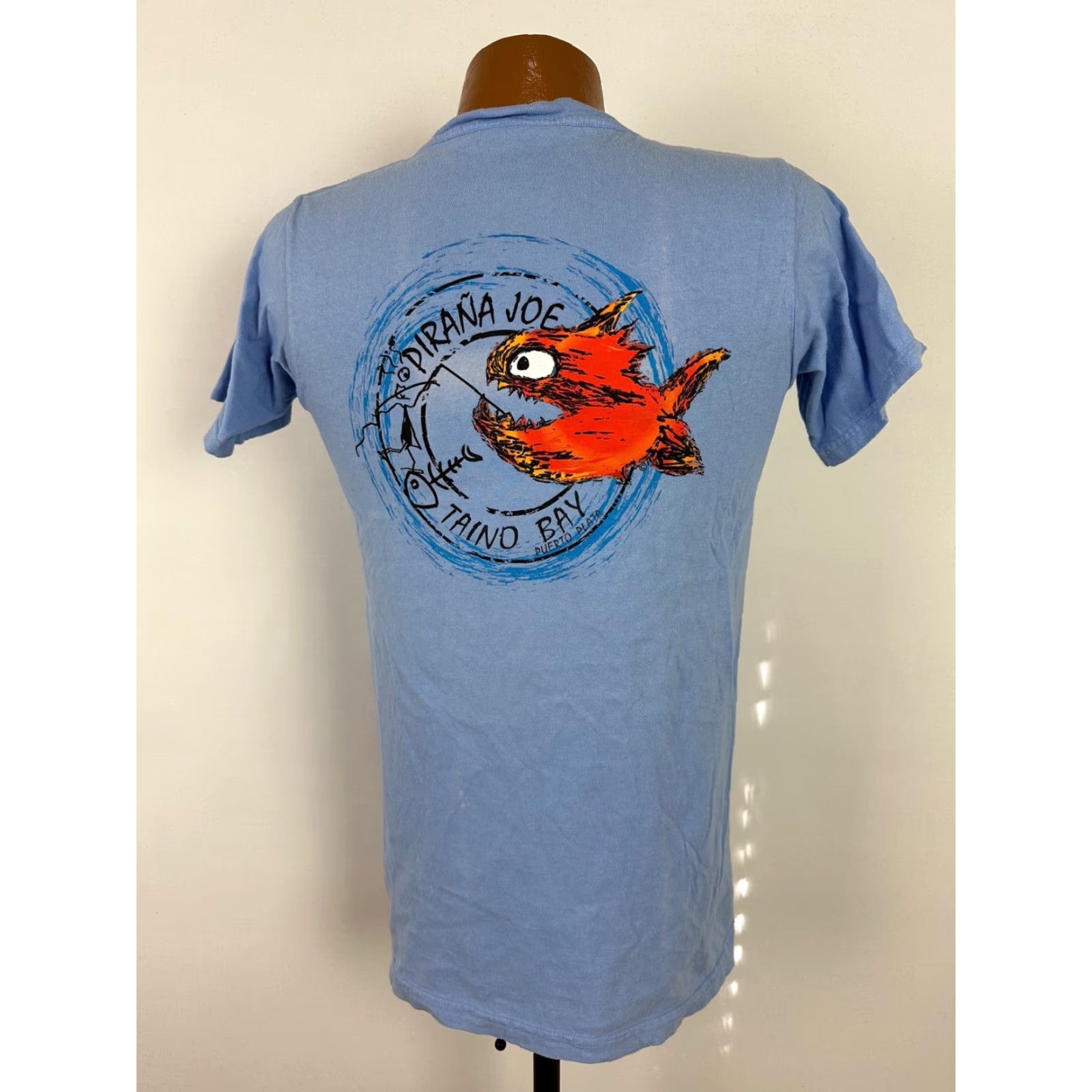 Vintage Pirana Joe Taino Bay Puerto Plata Souvenir Shirt Small Unisex Adults Blue Crew Neck Short Sleeve Cotton Jersey Beach Casual Mens Women’s? Size US S / EU 44-46 / 1 - 2 Thumbnail