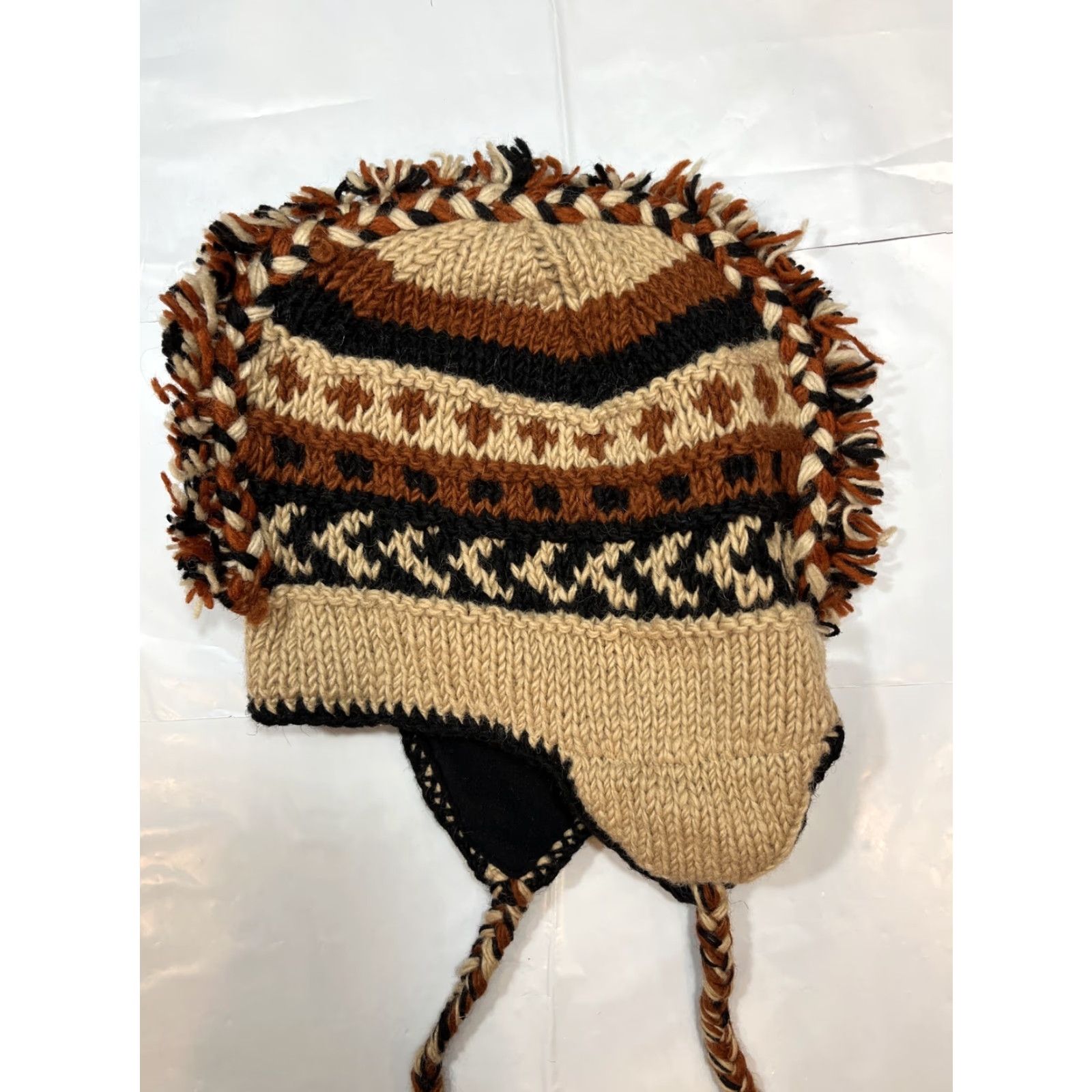 Vintage VINTAGE Brown tan WOOL knit HAT ear flaps BRAIDED MOHAWK Long Knit Hang Ties 3D Tribal Size ONE SIZE - 3 Thumbnail